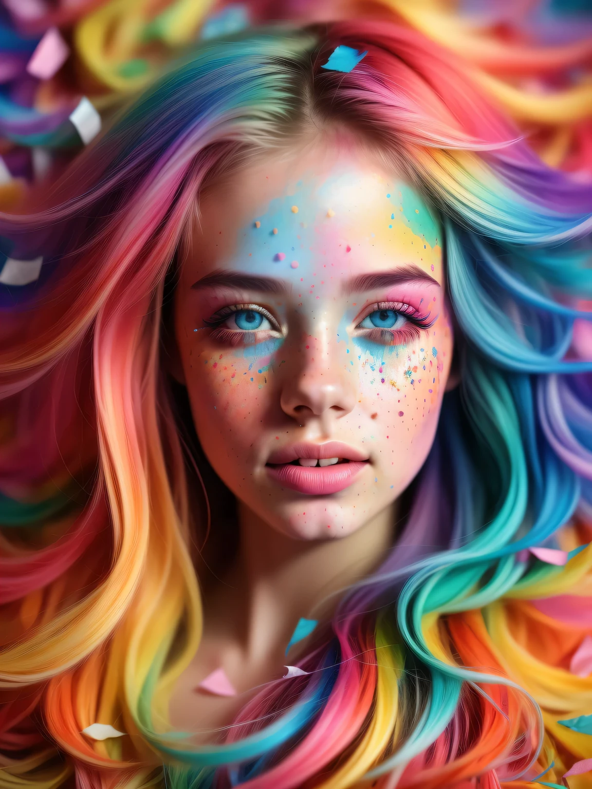 colorful confetti, Rainbow Girl, Happy, perfect face, symmetrical eyes, rainbow colors, watercolor, mascara, colorful confetti, free drawing style, complex parts, cinematic lighting, octane number, 8k surround lighting, Realistic, Resolution 8K, by Alberto Seveso, colorful confetti Art