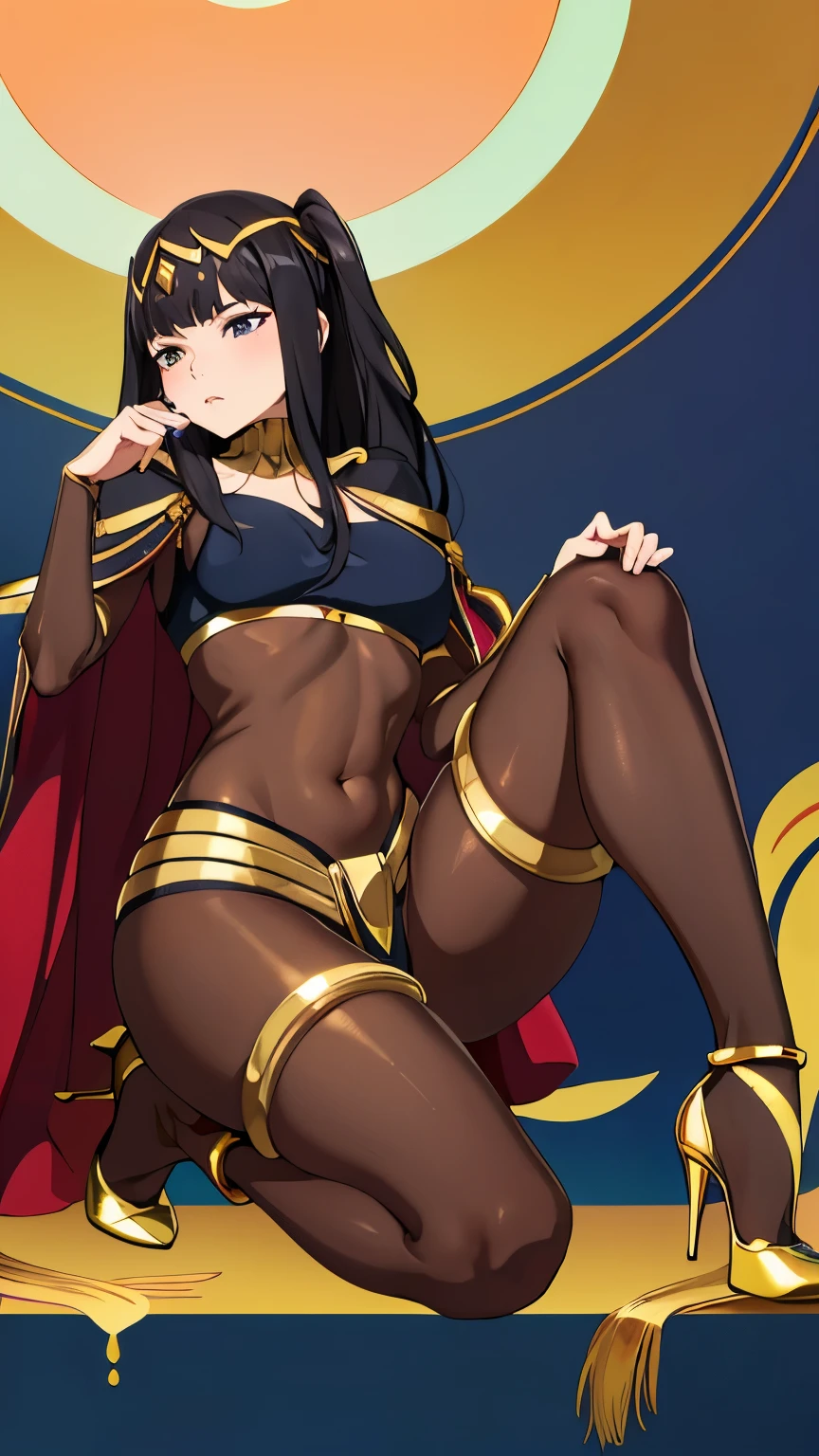 (the golden ratio,masutepiece, of the highest quality, Best Quality, Beautiful and aesthetic:1.2), ighly detailed, Colorful,highest details, (Adults,age19,1girl in, Solo, Body stocking has gold lining, Gold collar, Gold loincloth, Hair Ornament, Cape, high-heels,Black full-body stockings, Black full-body stockings, Black full-body stockings, thighs thighs thighs thighs, TharjaV4, footjob,deride you,trample,footjob
