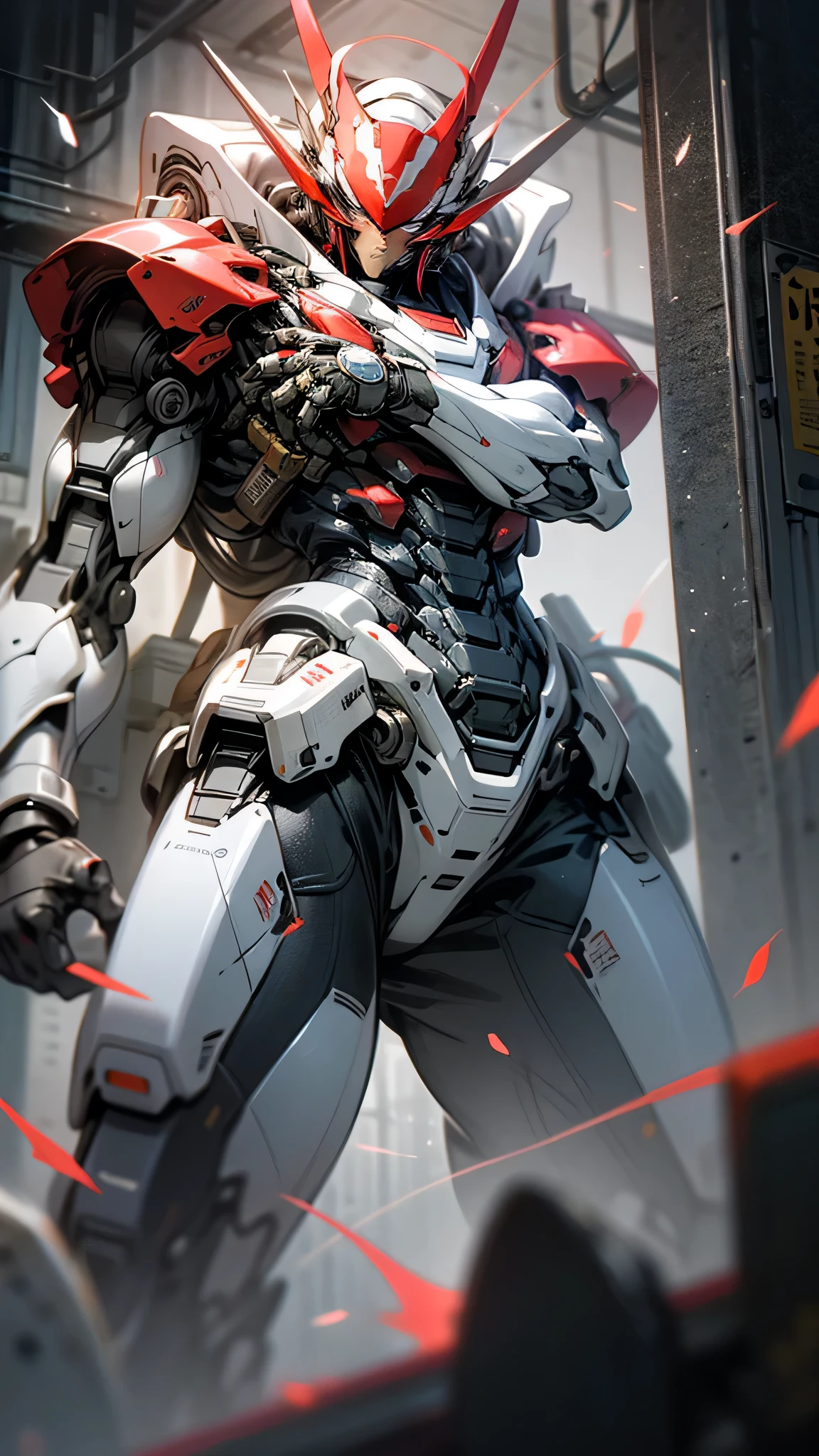 最high quality、best image quality、masterpiece、huge robot((damaged white body、blue light body line、destroyed right arm、Missing left foot、damaged jetpack、holding a shotgun in both hands、sparks come out from the body、red visor、original head、muscular、bulletproof vest,Mechanical face、shooting pose)),high quality、beautiful art、background((dark cavity、underground、red lighting)),debris flies、Depth of written boundary、movie、visual art、perfect art、8K,genuine