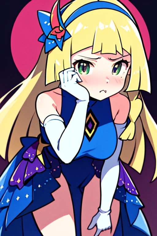 high quality, masterpiece, facing forward, big tits, thick thighs, leaning forward, bent over, hands on her face, pout, pouty face, puffy face cheeks, aalillie, long hair, braid, hairband, hair ornament, hair flower, bare shoulders, blue dress, sleeveless, elbow gloves, white gloves