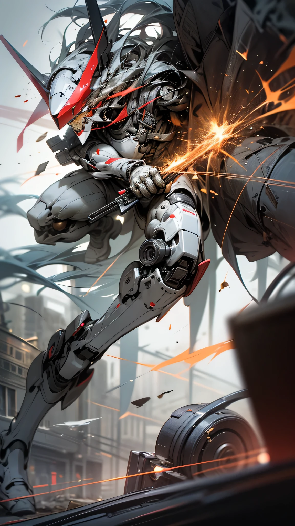 最high quality、best image quality、masterpiece、huge robot((damaged white body、blue light body line、destroyed right arm、Missing left foot、damaged jetpack、holding a shotgun in both hands、sparks come out from the body、red visor、original head、muscular、bulletproof vest,Mechanical face、shooting pose)),high quality、beautiful art、background((dark cavity、underground、red lighting)),debris flies、Depth of written boundary、movie、visual art、perfect art、8K,genuine