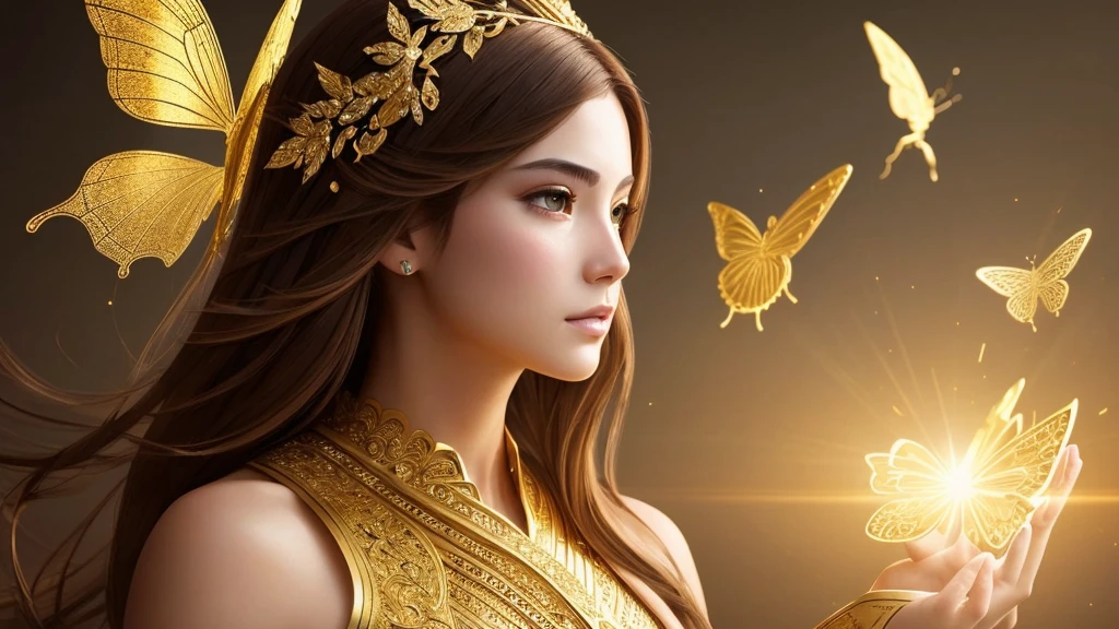 The whole body is golden, Beautiful gold 8K portrait with brown hair, Complex, elegant, very detailed, majestic, digital photography, artgerm、ruan jia、Art by greg Rutkowski、surrealistic painting、gold butterfly filigree, heart-shaped shard, (masterpiece, side light, Beautiful detailed eyes: 1.2), HDR,The gold goddess is looking straight ahead.、gold scenery,1girl