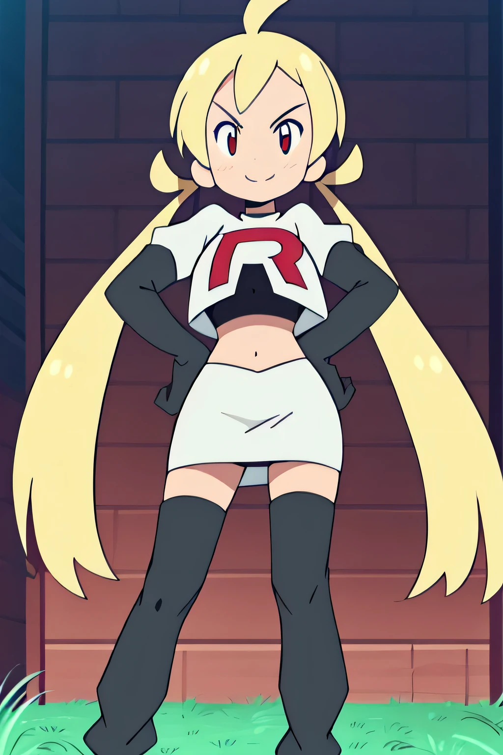 1girl in, (Solo:1.2), (Perfect body:1.1), (Best Quality:1.1), Cute Girl, Tsundere:1.1, (student clothes:1.4), (tiered layers skirt:1.2), very large breast, a blond, Long twintails, Black Ribbon Hair Fastening, Tsuriformes, sharp eye, Sanpaku eyes, (Seductive smile:1.5), Noble atmosphere, Fine-grained skin, (Choker with a cross:1.1), View of the valley, Navel Ejection, Raw feet, a belt on the thighhigh, Bright red eyes, Shining eyes, (NSFW:0.8), 8K, a belt on the thighhigh, Skinny Legs, School grounds with grass, full body seen, (Looking down here:1.2), (Loose socks:1.3), I don't have anything in my hands, No one around, hands on hip,team rocket uniform, red letter r, white skirt,white crop top,black thigh-high boots, black elbow gloves, glaring angrily, looking at viewer, hands on hips, full body seen