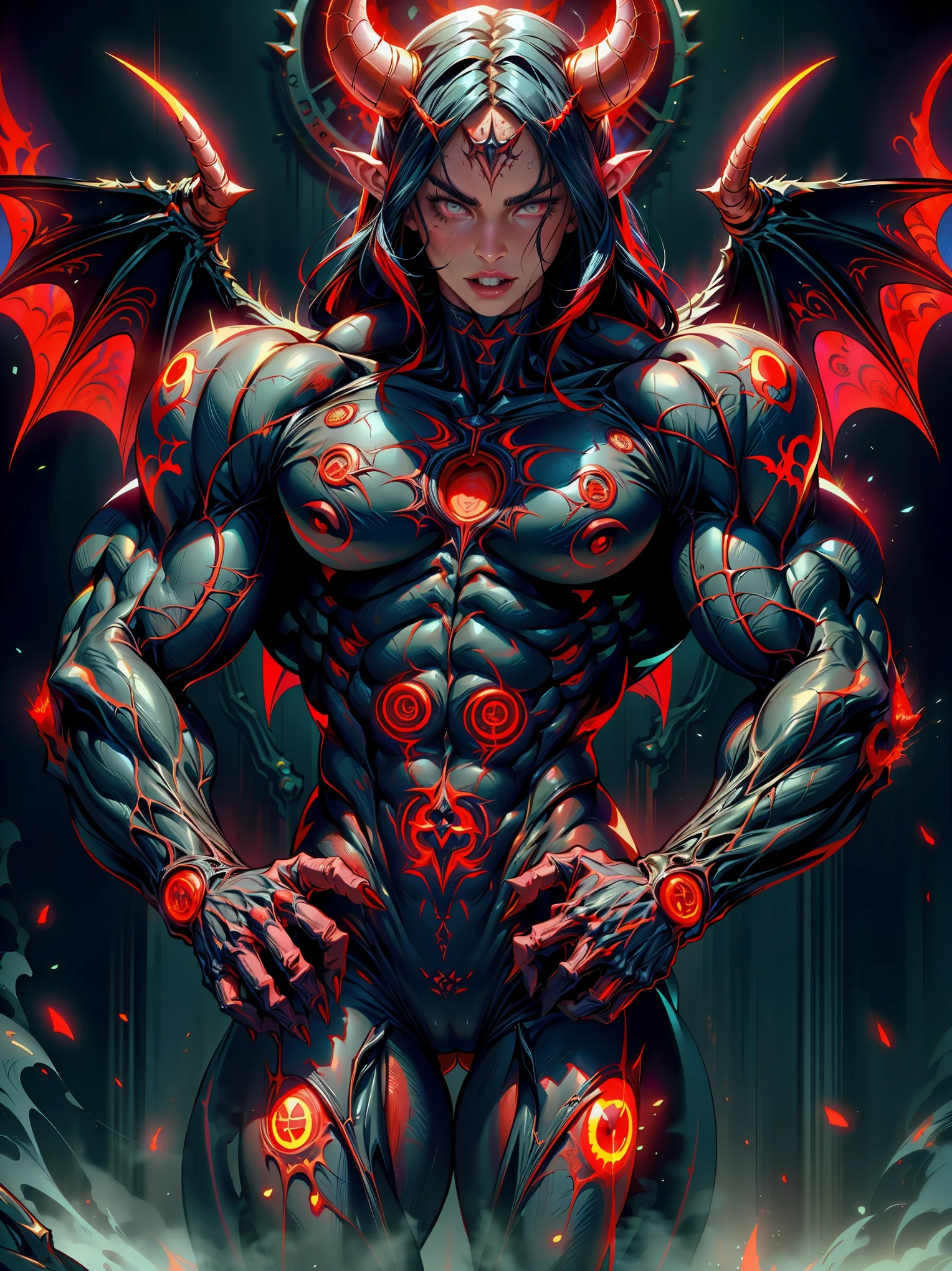 (1 girl), (megan fox:1.25), (naked:1.25), Sexy Evil naked demonic Succubus, Muscular skinless anatomy, Demon horns, demonic tech muscular bodysuit, an evil red glow emanating from her, demonic wings, Black Eyes, large veiny breasts, perfect hands, diabolic, insidious, Context of the Satanic Church, (8k, RAW photo, photorealistic:1.25),