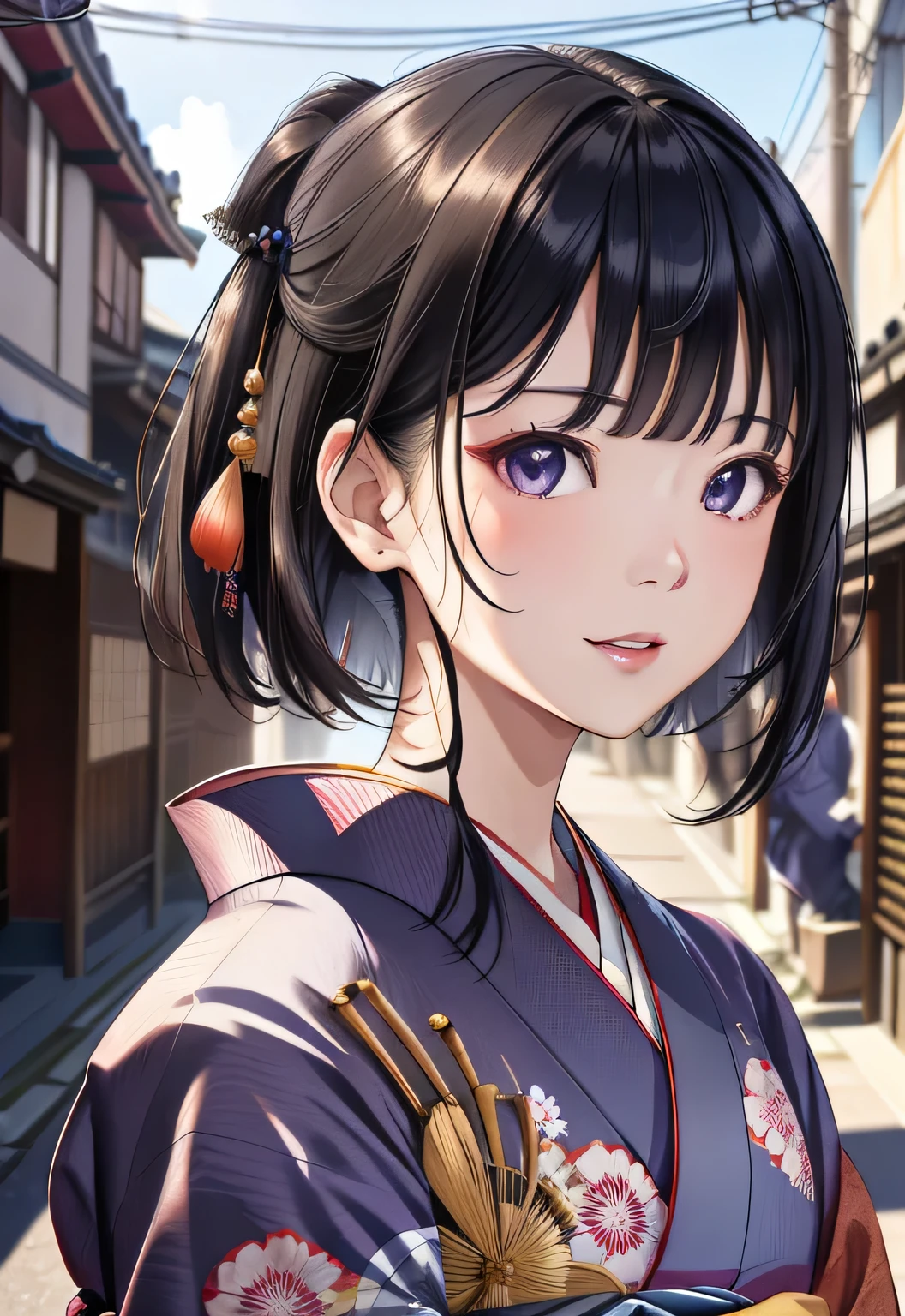 ((Sengoku period scenery、kimono、Highly detailed portrait of one girl standing on a street corner、face photo、close up face、front、eerie aura halo、smile、Backlight、Patsun、short hair))、1 girl、masterpiece、japanese girl、absurd、High resolution、Super detailed、written boundary depth、masterpiece、Detailed CG、3D photo、3D background、unity、8K、High resolution、highest quality、shadowy、sharp focus、white skin、fine eyes、blurred background、dynamic angle、The most amazing super feat exaggeration、closed mouth、super clear