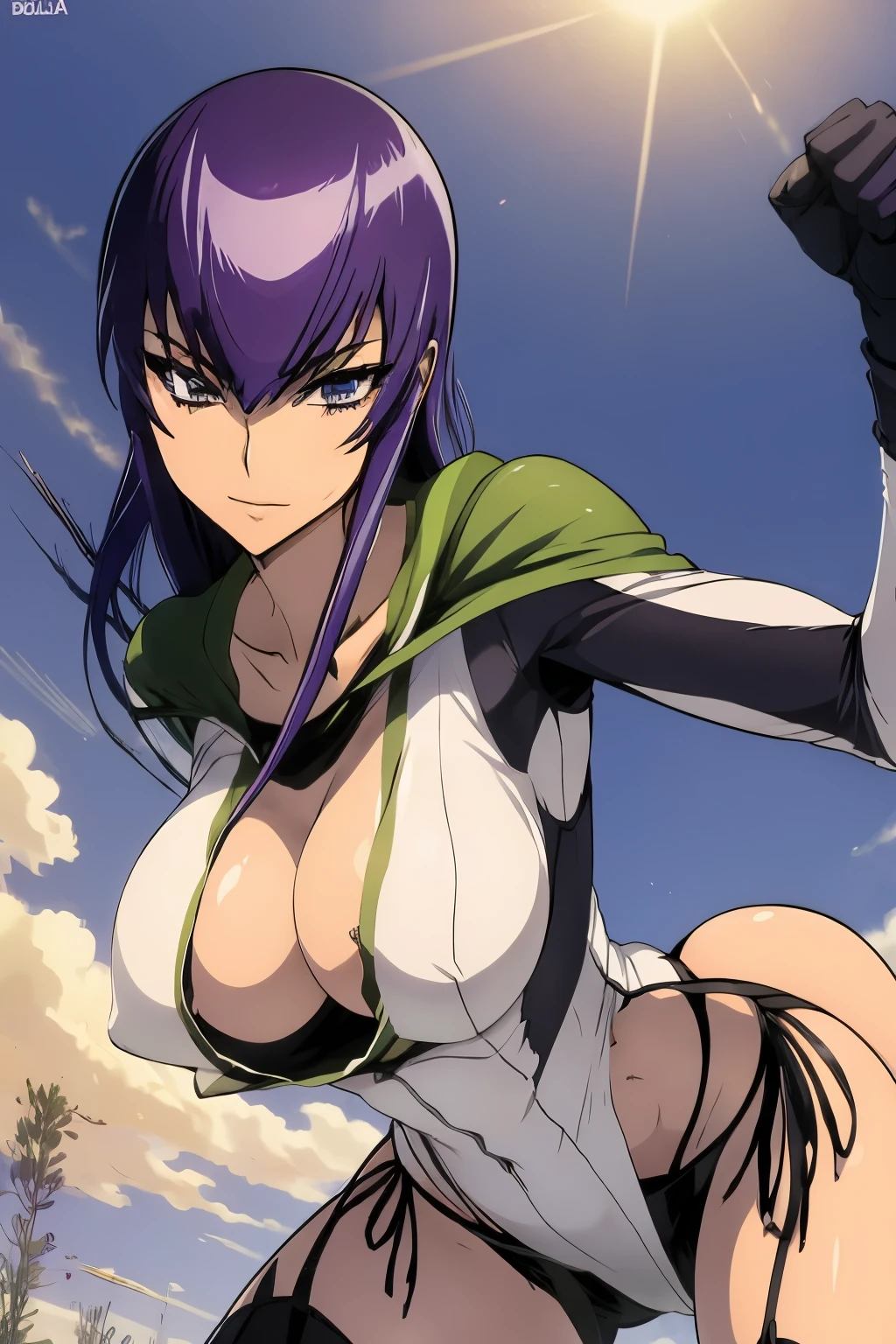 Saeko Busujima, Woman in a superhero costume flying through the air, capa verde, botas verdes, Chica poderosa, Ella - RA, She-Ra, Superchica, female superhero proportions, super-hero girl, Lineart y color limpios, Ferra mecha blanco, cuerpo completo, anatomia perfecta, mirando al espectador, 