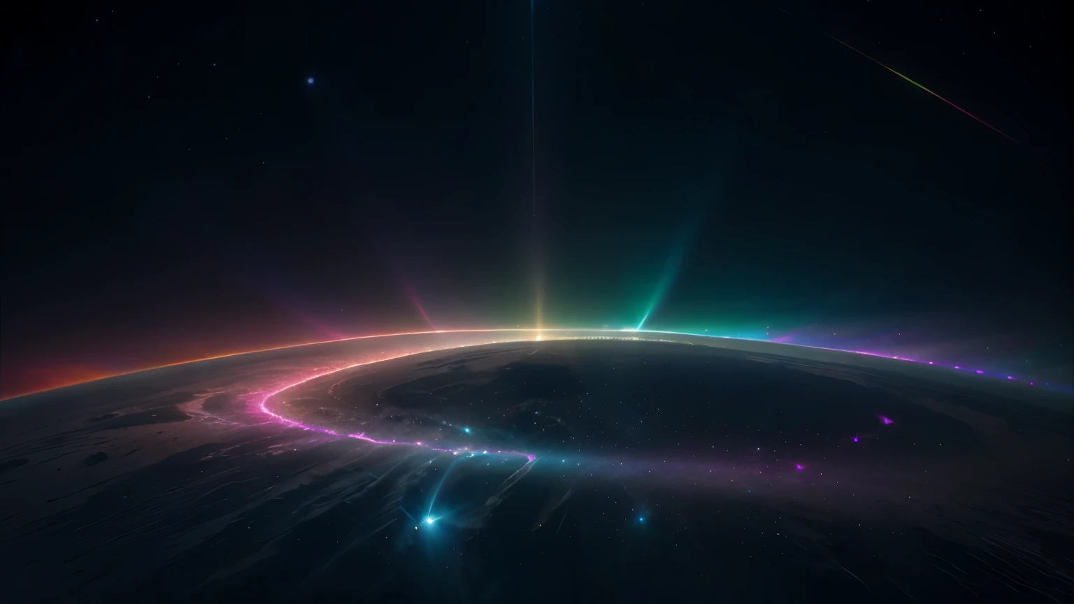 Arafed image colorful lights in the dark, space fractal gradient, beautiful dithering gradient, made entirely of gradients, galactic light colors, generative art nebula, soft blur and glow, gradient and soft light, beautiful gradient, Faint volumetric god rays, light simulation, cool smooth space colors, in volumetric soft glowing fog, light waves, beautiful, brilliant, with energy light waves and dots in the background