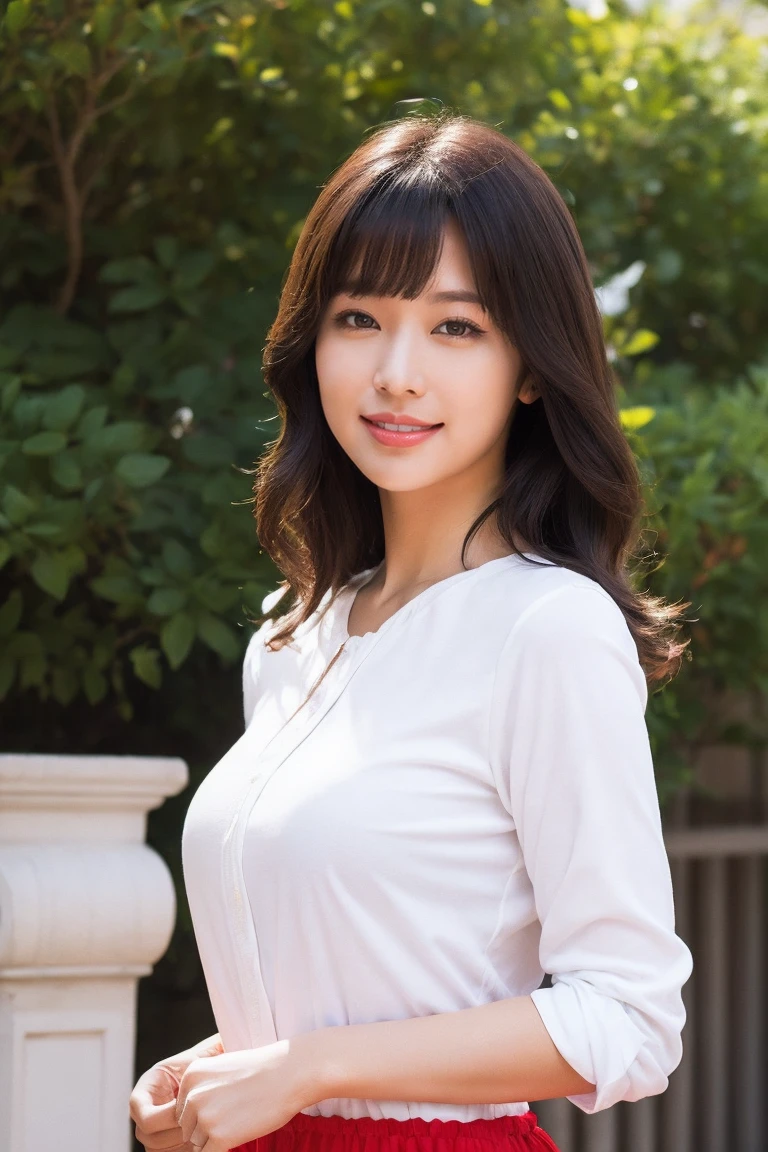 Medium view, medium shot, Depth of bounds written, bust, Upper body, cinematic angle, masterpiece, highest quality, Super detailed, cg, 8k wallpaper, beautiful face, delicate eyes, maiden, alone, smile, bangs, skirt, shirt, have, Crimson dress, bow, petal, bouquet