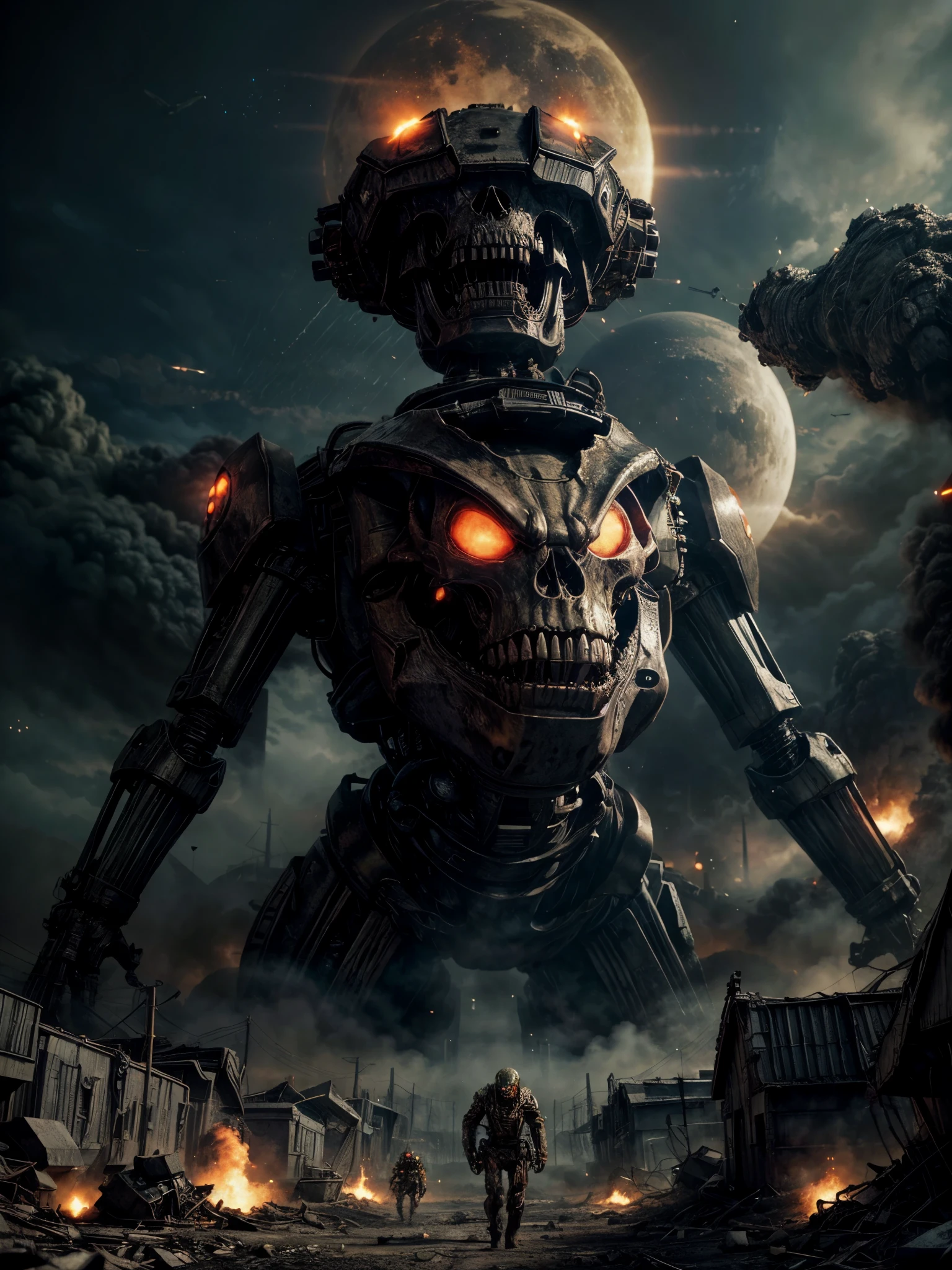giant biological mutant zombie, alien mecha, skeleton face, giant skeleton, body all, armies at war, alien war machines, anime art, alien war atmosphere, UFOs warlike mother ships crossing the skies, nuclear bombs, apocalyptic scenario.