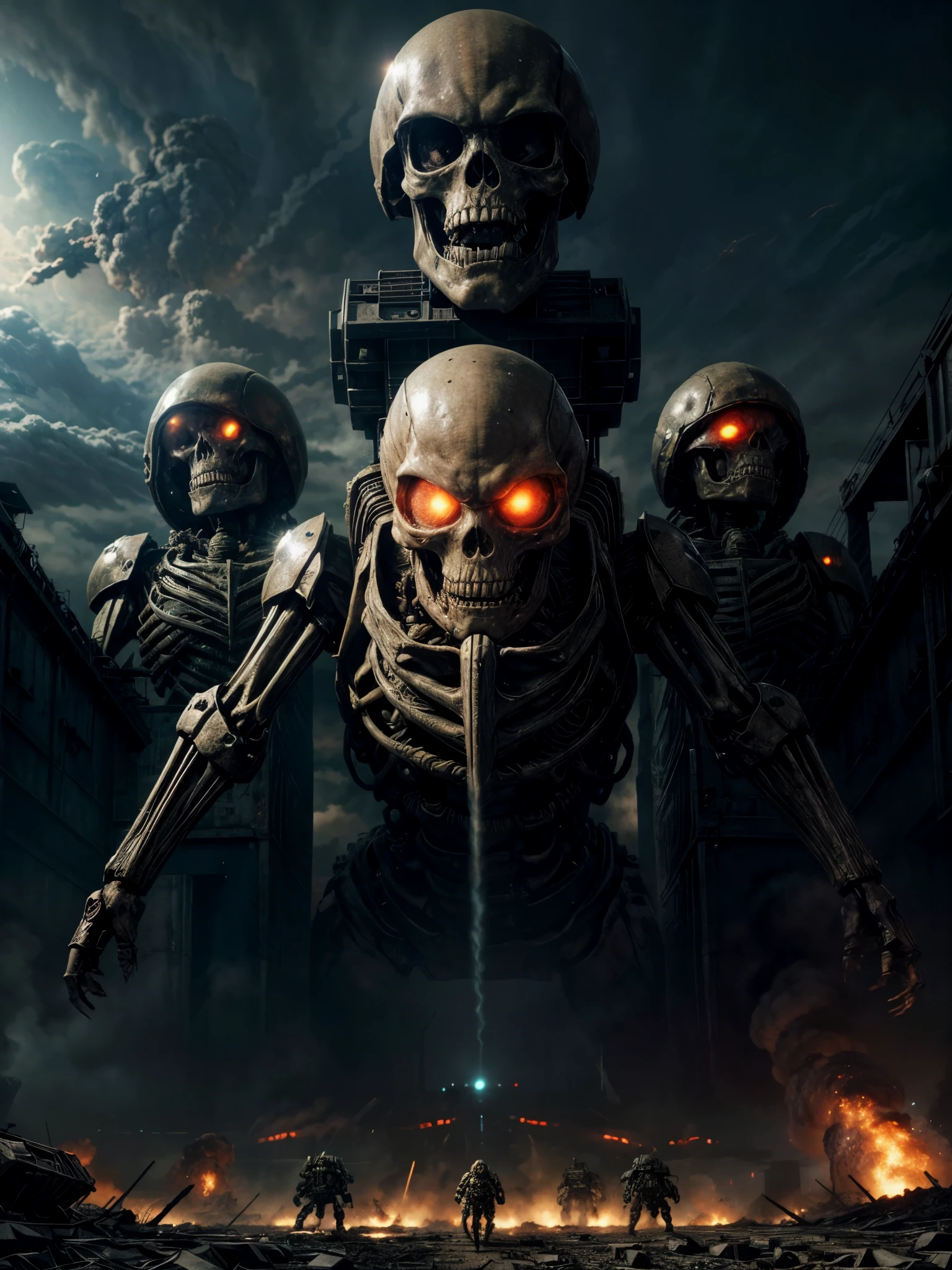 giant biological mutant zombie, alien mecha, skeleton face, giant skeleton, body all, armies at war, alien war machines, anime art, alien war atmosphere, UFOs warlike mother ships crossing the skies, nuclear bombs, apocalyptic scenario.