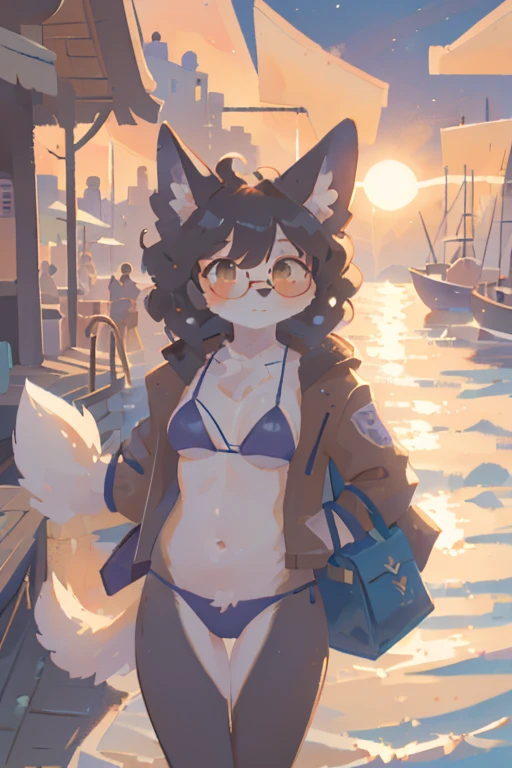 1girl, solo, furry, anthro, canine, female, dog_ears, curly_hair, black and white fur, black_hair, curly_hair, floppy_ears, glasses, fat_ass, bubble_butt, chest_fluff, fluffy_tail, night, open_jacket, duster, long_jacket, brown jacket, seaside, beach, thatched_roof, purple bikini, sailboat, boats, canal, boardwalk, alley, tall_buildings, balcony, messenger_bag, sunrise, rays_of_light, sunbeam