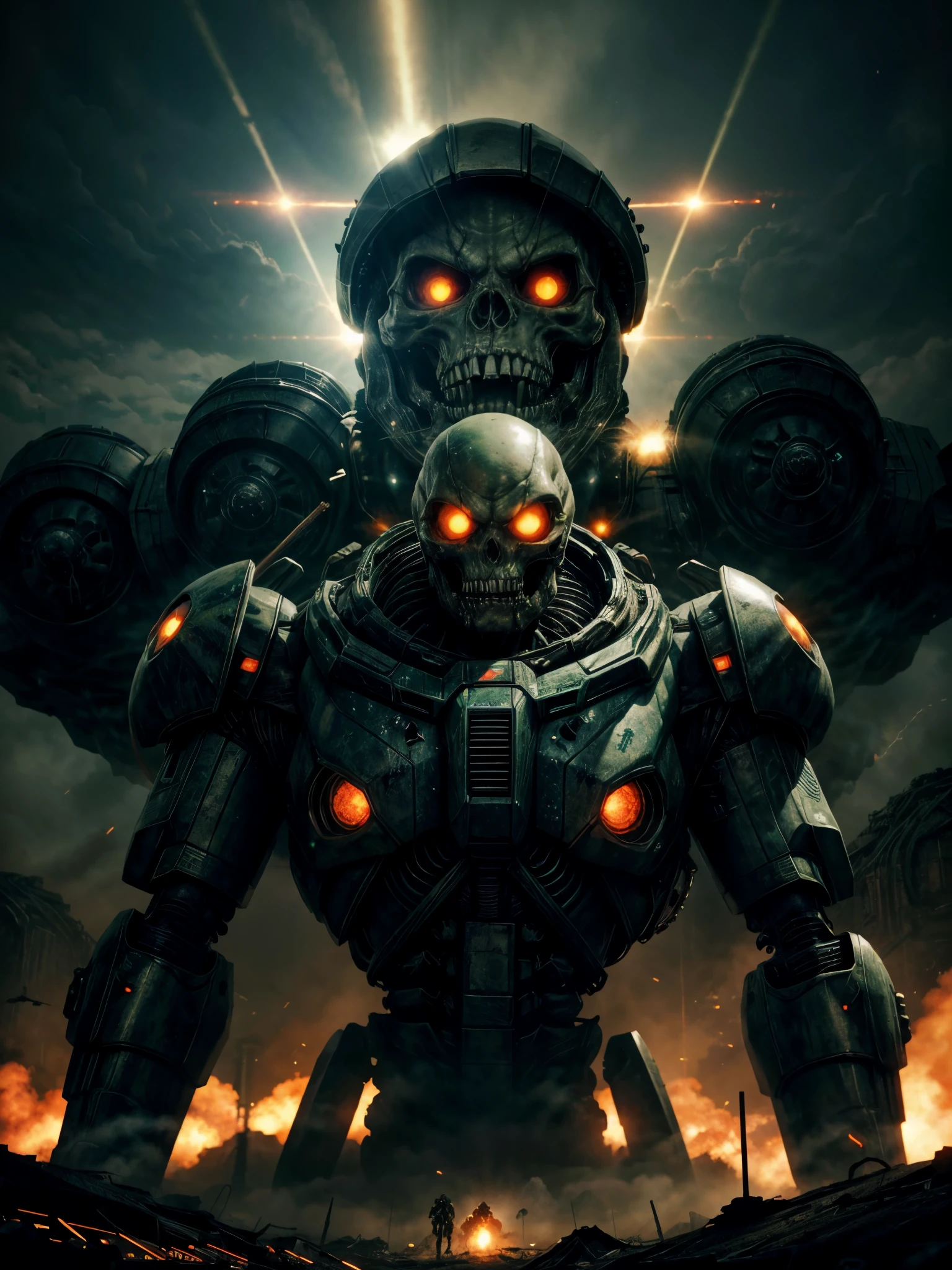 giant biological mutant zombie, alien mecha, skeleton face, giant skeleton, body all, green laser rays, armies at war, alien war machines, anime art, alien war atmosphere, UFOs warlike mother ships crossing the skies, nuclear bombs, apocalyptic scenario.