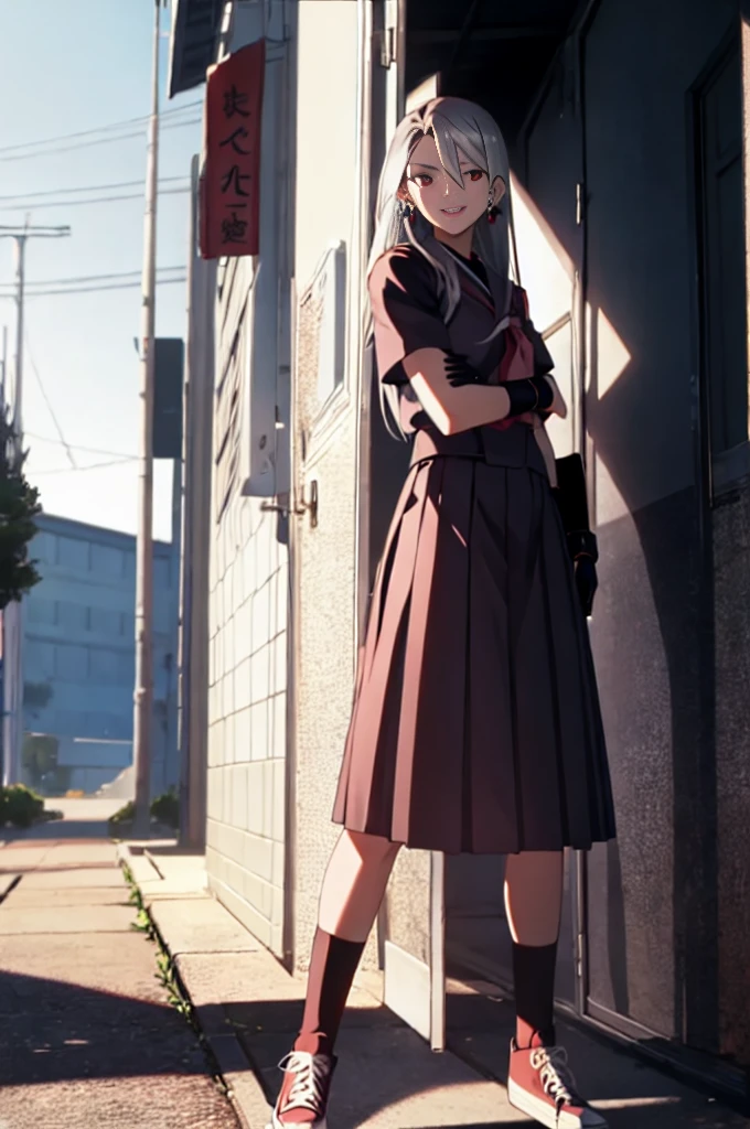 sukeban illyasviel_von_einzbern, mature_female, silver hair, holding yoyo, combat pose, full body, flowing hair, hair between the eyes, asymmetrical hair, red eyes, delicate facial features, sukeban deka clothe, looking_at_viewer, outdoors, background tokyo, ((solo girl:1,5))+++++,woman in a 80's sukeban seifuku standing on a set of strees, black , 80's japanese sukeban photo, sukeban seifuku, 80's japan, sukeban, long black skirt, red converse, full body, light skin tone female, full body, tape, arm_support, gloves, red_gloves, bridal gauntlets, blackred_footwear, fighter outfit, full body, hourglass, mature face, cheeky smile, cheeky face, wrinkles,( silver long hair, earrings, ear piercings), realistic, (fighting art, Martial arts, standing, fighting_stance, fight, fighting), extra colors, 2D, megapixel, perfectionism, accent lighting, full HD , 4K, masterpiece, empty red eyes