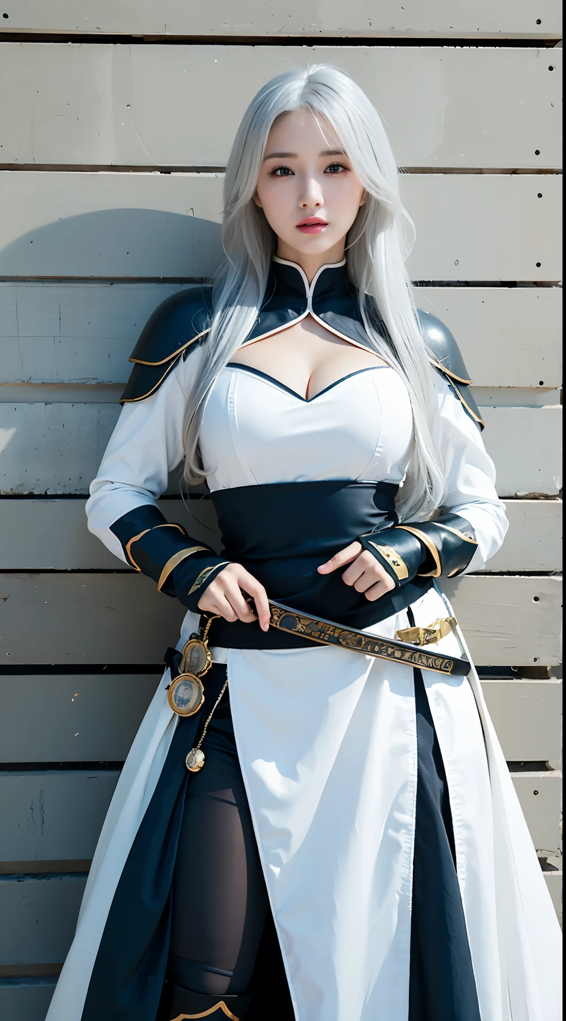 realistic, High resolution, 1 female, glowing skin, alone, wide lips,long hair,wavy hair, hip up,saggy breasts,small face,Anime character cosplay,Cosplayers,Costume costumes,white wall,concrete wall,background white,white hair,Color Contacts,big sword,wearing armor like a knight