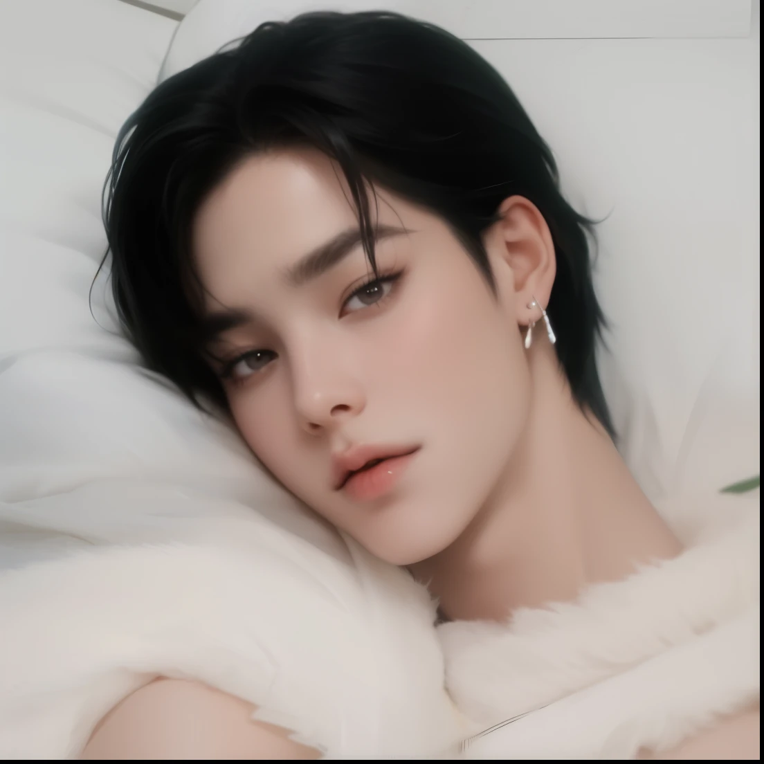um close de uma pessoa deitada em uma cama com um cobertor branco, Jimin\the full lips, park Jimin, Jimin, Jimin\o nariz grego, Jimin\the right eyelid is swollen, delicate androgynous prince, handsome androgynous prince, Jimin bts, Park Jimin, Kpop bts, jimin, Jimin accurate Jimin face, jia, que bts, Park Jimin, Jimin, kpop boy, korean male face