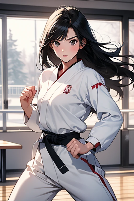 女子,black hair,Plain clothing,Pure white karate uniform,white collar,Karate Stance,,fighting girl,martial arts,alone, 1 girl, looking at the viewer,indoor,daytime,white long sleeve,martial arts場,white pants,Snow-white clothes,Black belt,action