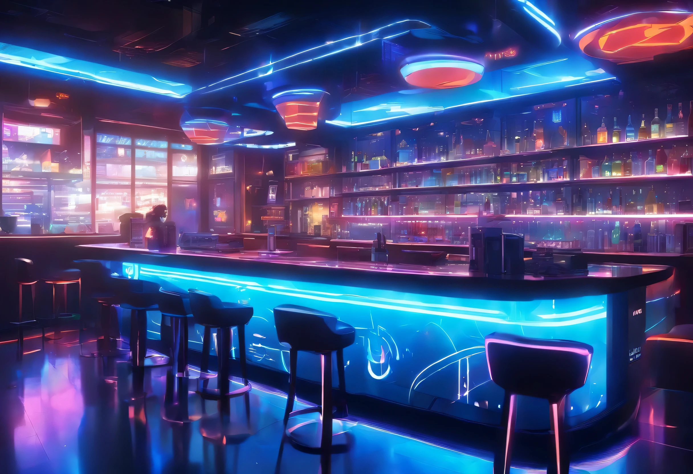 The design of the bar counter is full of futuristic feeling, Modern tech style, With blue LED light strip and white LED light strip