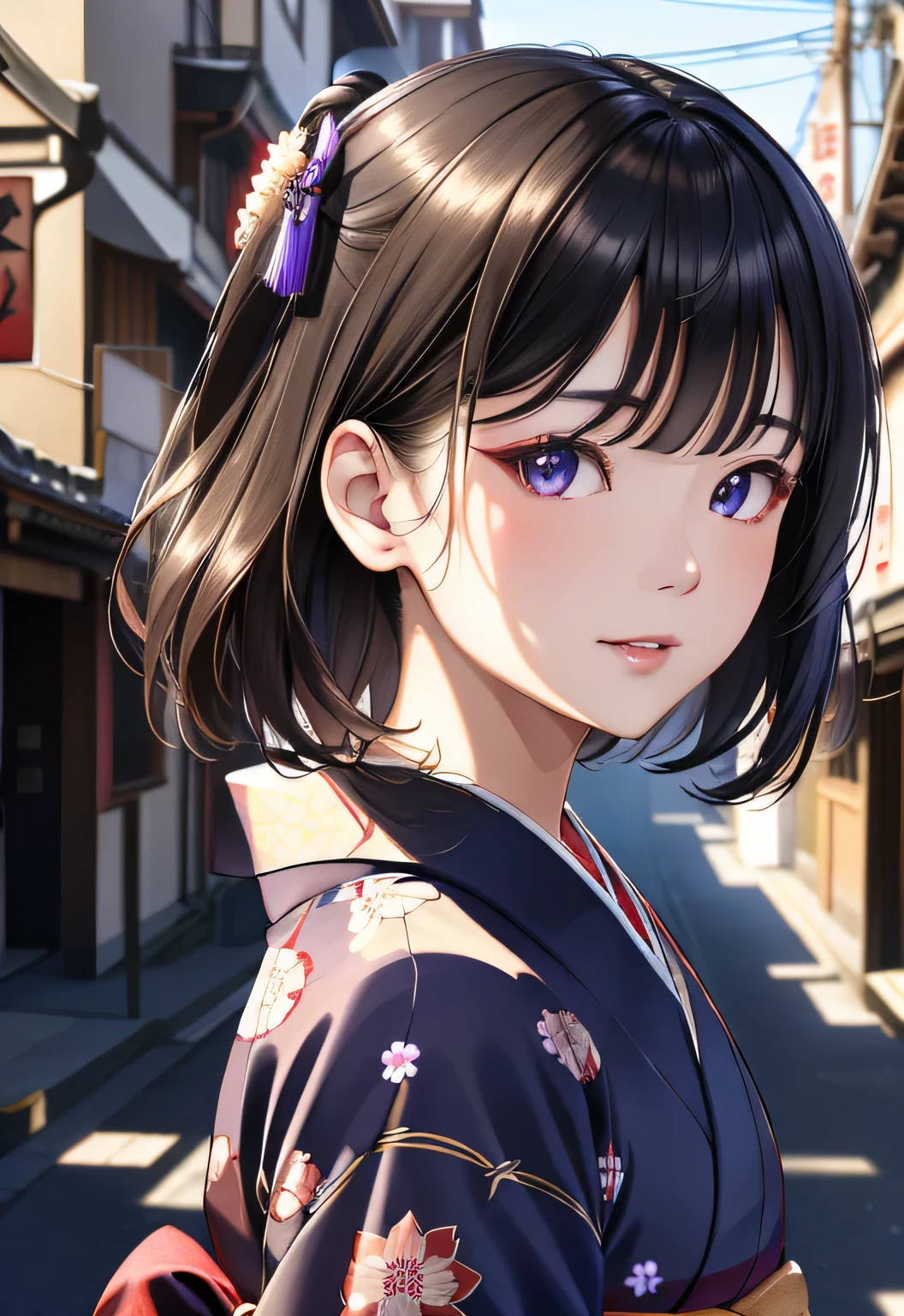 ((Sengoku period scenery、kimono、Highly detailed portrait of one girl standing on a street corner、face photo、close up face、front、eerie aura halo、smile、Backlight、Patsun、short hair))、1 girl、masterpiece、japanese girl、absurd、High resolution、Super detailed、written boundary depth、masterpiece、Detailed CG、3D photo、3D background、unity、8K、High resolution、highest quality、shadowy、sharp focus、white skin、fine eyes、blurred background、dynamic angle、The most amazing super feat exaggeration、closed mouth、super clear