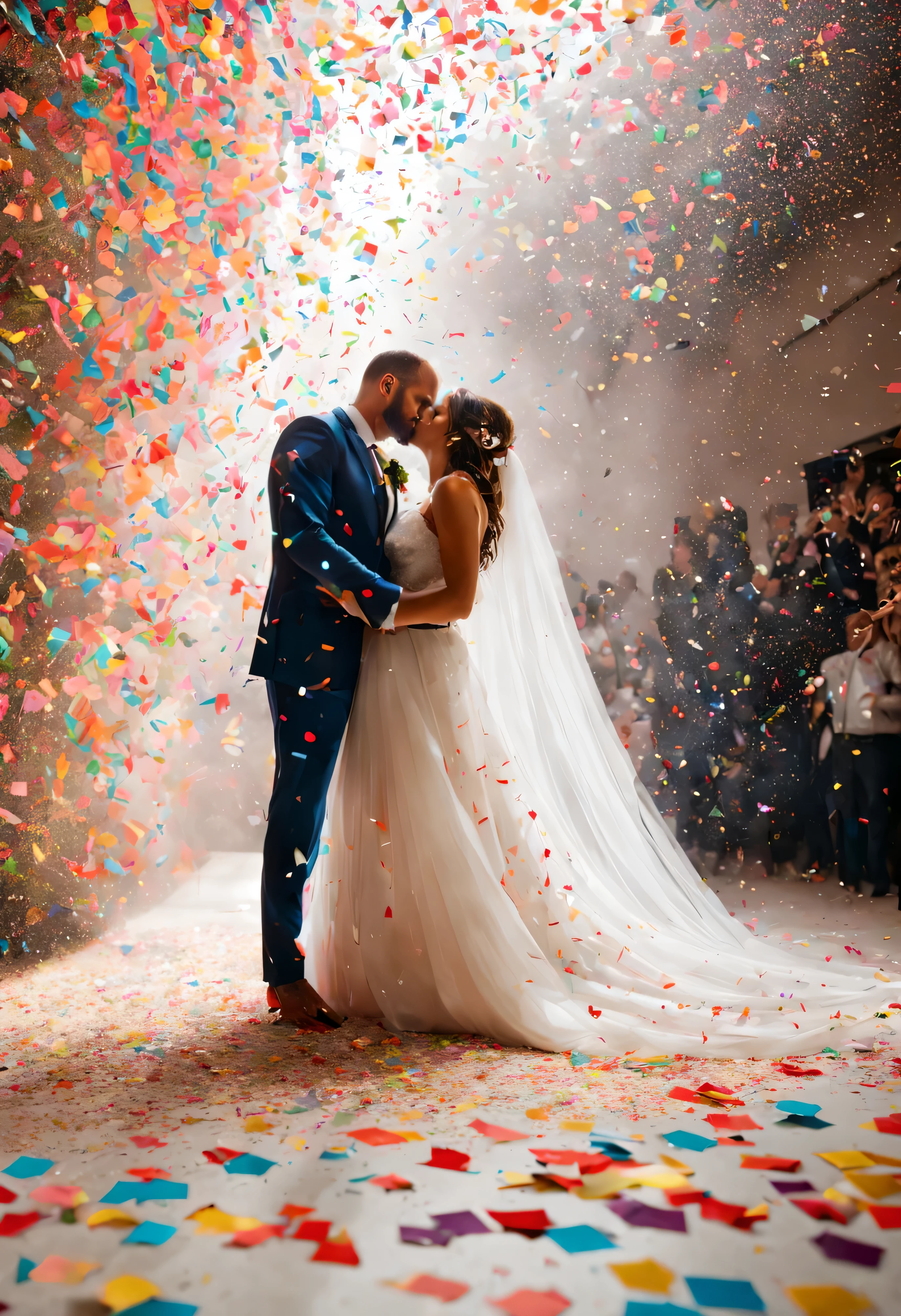 Colored confetti/confetti/colorful confetti.At the wedding site, The bride and groom received blessings from colorful paper pieces like snowflakes floating from all directions...Best still life composition(best quality,4K,8k,high resolution,masterpiece:1.2),super detailed,(actual,photoactual,photo-actual:1.37),（Super quality，super detailed，super complex，extremely complex）Soft and natural light and shadow.super wide angle, (Detailed texture),Background covered with film grain,