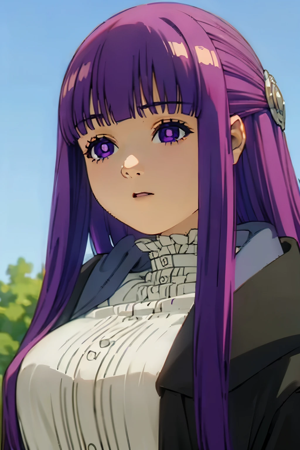 masterpiece, highest quality, disorganized, Half body, close, close, chest focus, beautiful face, perfect anatomy, 1 girl, alone, Fernfrielen, very long hair, purple eyes, (purple pupil), white dress, black robe, big breasts, outdoor, Square background, sitting, (bright pupils:1.5),