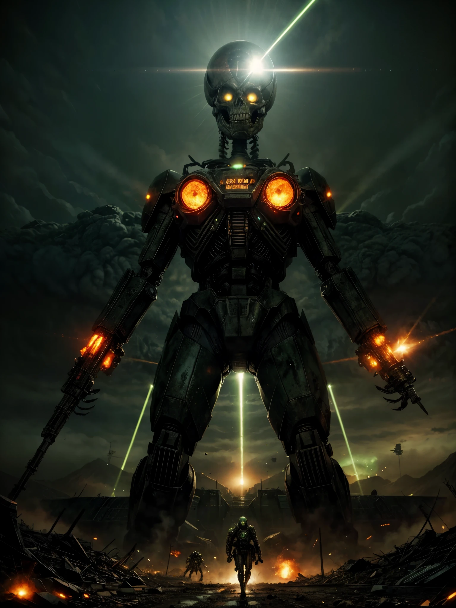 giant biological mutant zombie, alien mecha, skeleton face, giant skeleton, body all, armies at war, alien war machines, anime art, alien war atmosphere, UFOs warlike mother ships crossing the skies shoting green laser rays , nuclear bombs, apocalyptic scenario.