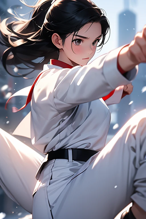 女子,black hair,Plain clothing,Pure white karate uniform,white collar,Karate Stance,,fighting girl,martial arts,alone, 1 girl, looking at the viewer,daytime,white long sleeve,white pants,Snow-white clothes,Black belt,action,No background,