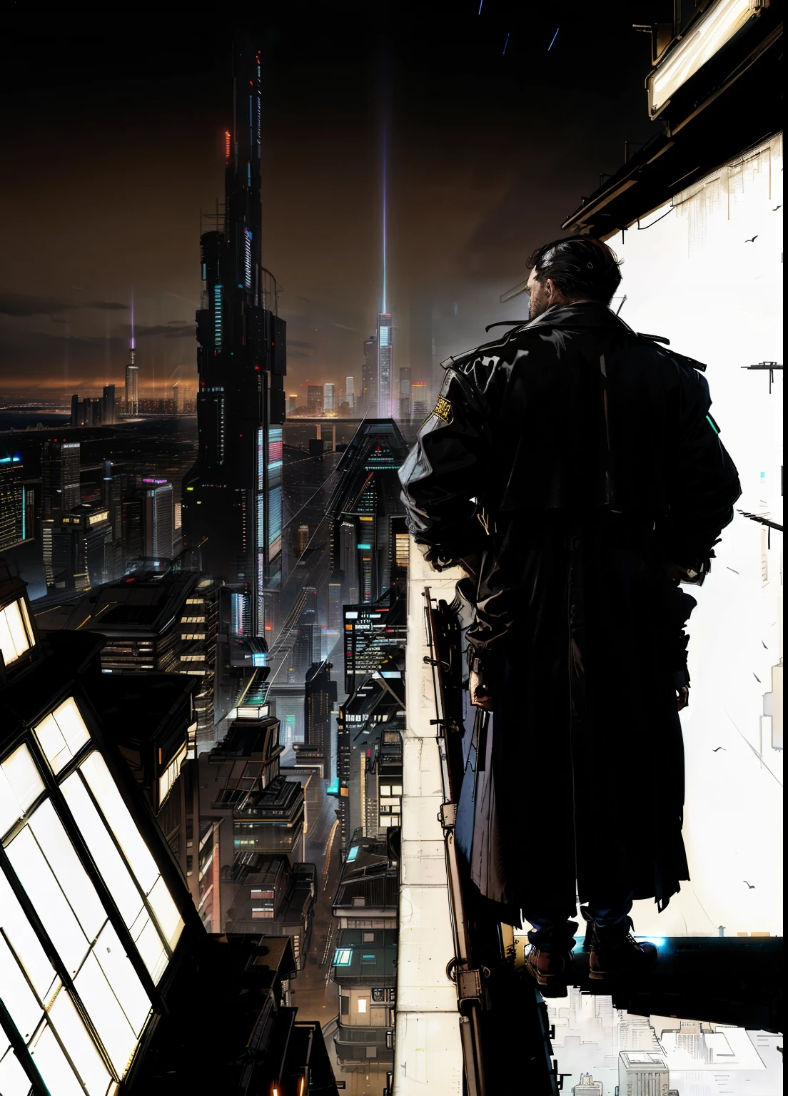 A man, 45 years old, brown eyes, black hair, shaved on the sides, combed back, unshaven, wearing a dark trench coat with the collars turned up. Hands in his pockets, He is leaning against the parapet of a building, He is on top of a building watching the skyline at night of the cyberpunk city below in the background. Background futuristic cyberpunk make it realistic, Blade Runner, 8k, ultra hd