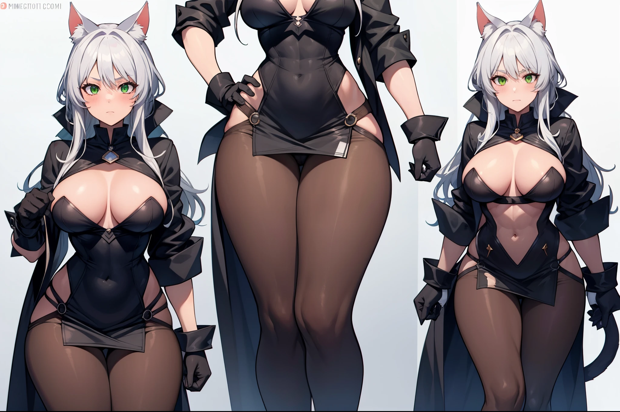 mature cat woman, big ears, long tail, green eyes, white hair, giant breasts, muscular legs, athletic body, combat gloves, white pantyhose, brown t-shirt and mini skirt set, boots, full length body image, 8k, hd ,masterpiece, completely white background