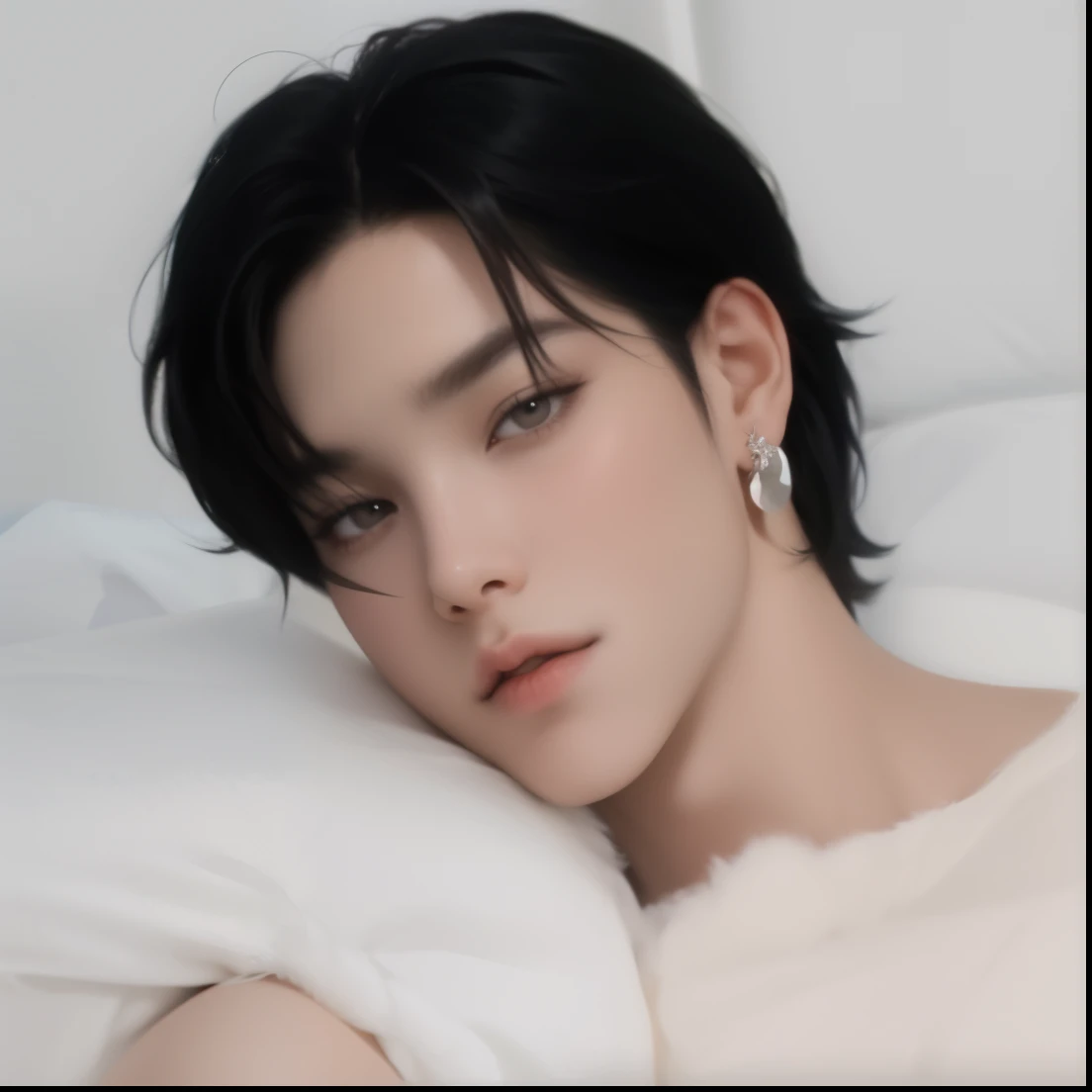 um close de uma pessoa deitada em uma cama com um cobertor branco, Jimin\the full lips, park Jimin, Jimin, Jimin\o nariz grego, Jimin\the right eyelid is swollen, delicate androgynous prince, handsome androgynous prince, Jimin bts, Park Jimin, Kpop bts, jimin, Jimin accurate Jimin face, jia, que bts, Park Jimin, Jimin, kpop boy, korean male face