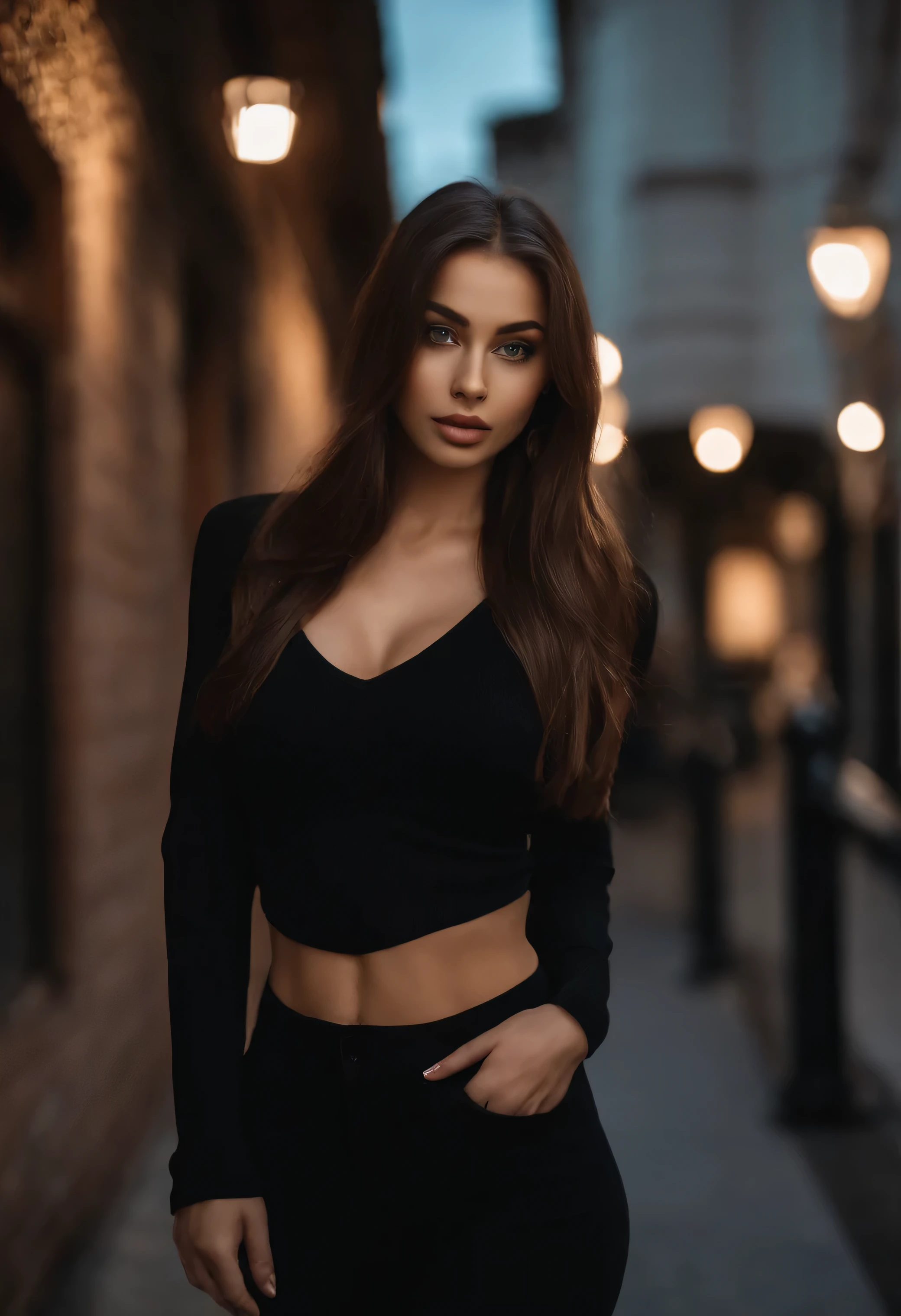 arafed woman with black clothes, sexy girl with brown eyes, portrait sophie mudd, brown hair and large eyes, selfie of a young woman, bedroom eyes, violet myers, without makeup, natural makeup, looking directly at the camera, face with artgram, subtle makeup, stunning full body shot, in the street, cleavage