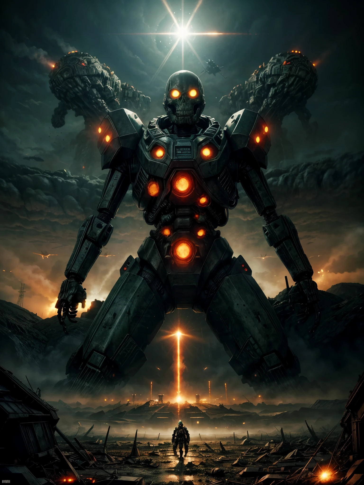 giant biological mutant zombie, alien mecha, skeleton face, giant skeleton, body all, armies at war, alien war machines, anime art, alien war atmosphere, UFOs warlike mother ships crossing the skies shoting green laser rays , nuclear bombs, apocalyptic scenario.