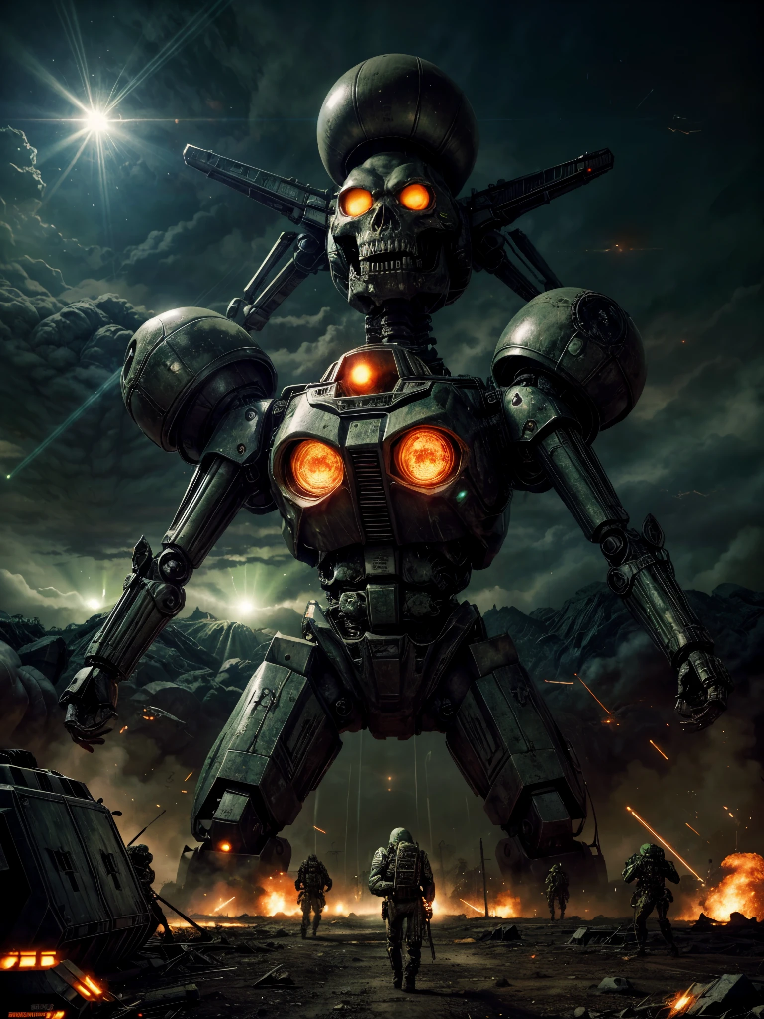 giant biological mutant zombie, alien mecha, skeleton face, giant skeleton, body all, multiple armies at war, alien war machines, anime art, alien war atmosphere, UFOs warlike mother ships crossing the skies shoting green laser rays , nuclear bombs, apocalyptic scenario.