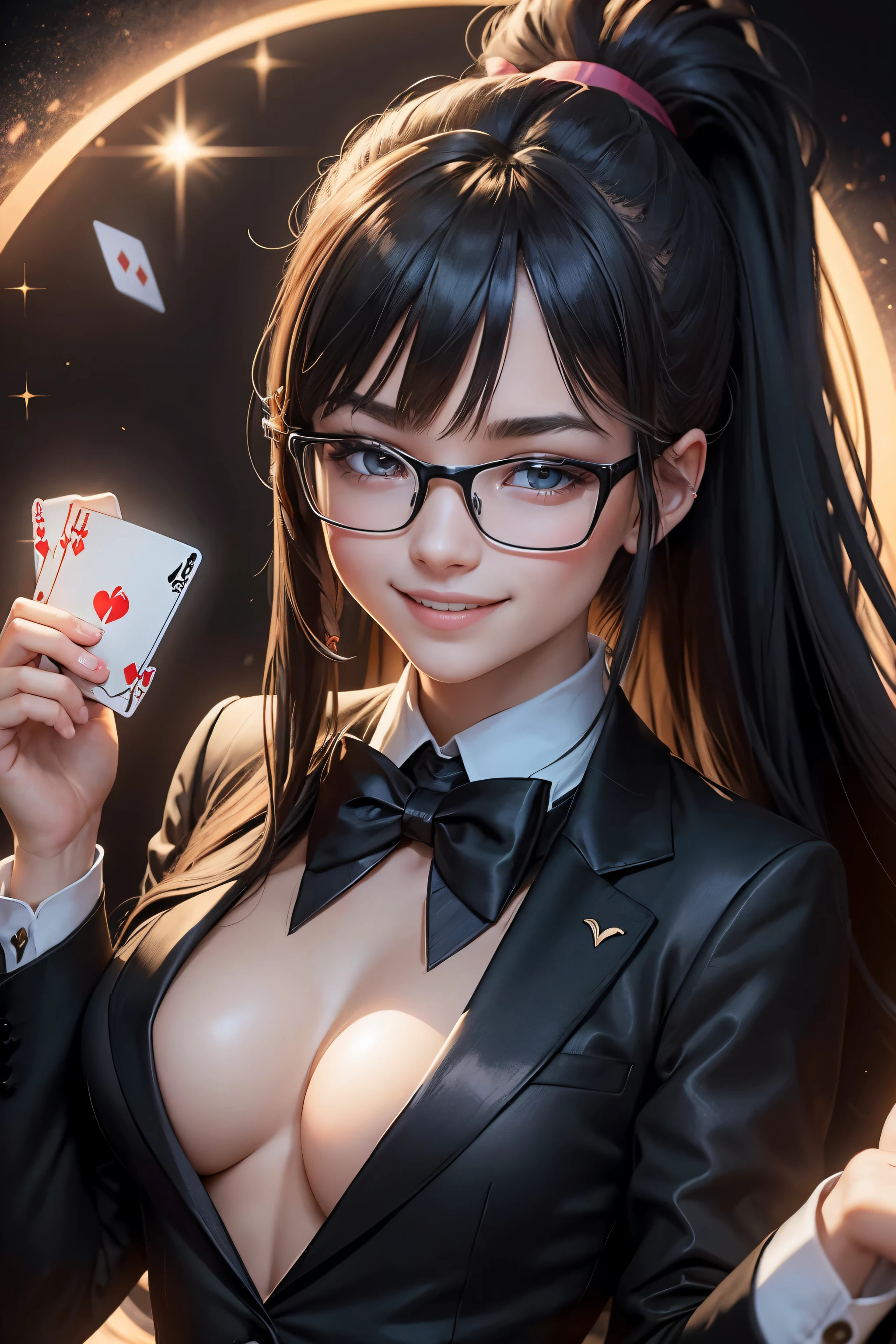 Beautiful female magician, , Playing Cards, Long hair in a ponytail, smooth, wear glasses, smile brightly, wearing a black bunny costume, Wear a long-tailed tuxedo., Wear a tall magic hat., anime