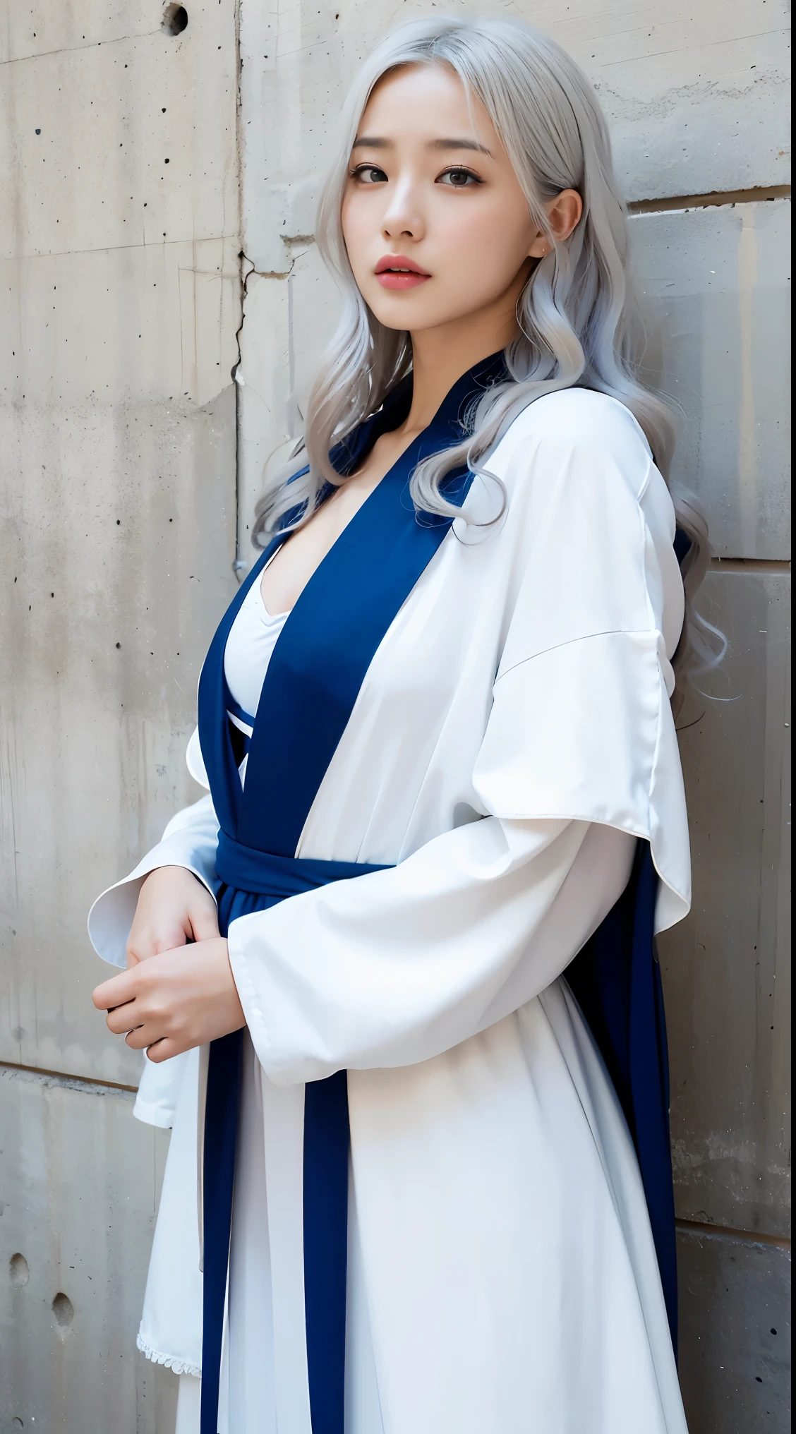 realistic, High resolution, 1 female, glowing skin, alone, wide lips,long hair,wavy hair, hip up,saggy breasts,small face,Anime character cosplay,Cosplayers,Costume costumes,white wall,concrete wall,background white,white hair,Color Contacts,He wears a Japan sword on his waist,wearing armor like a knight