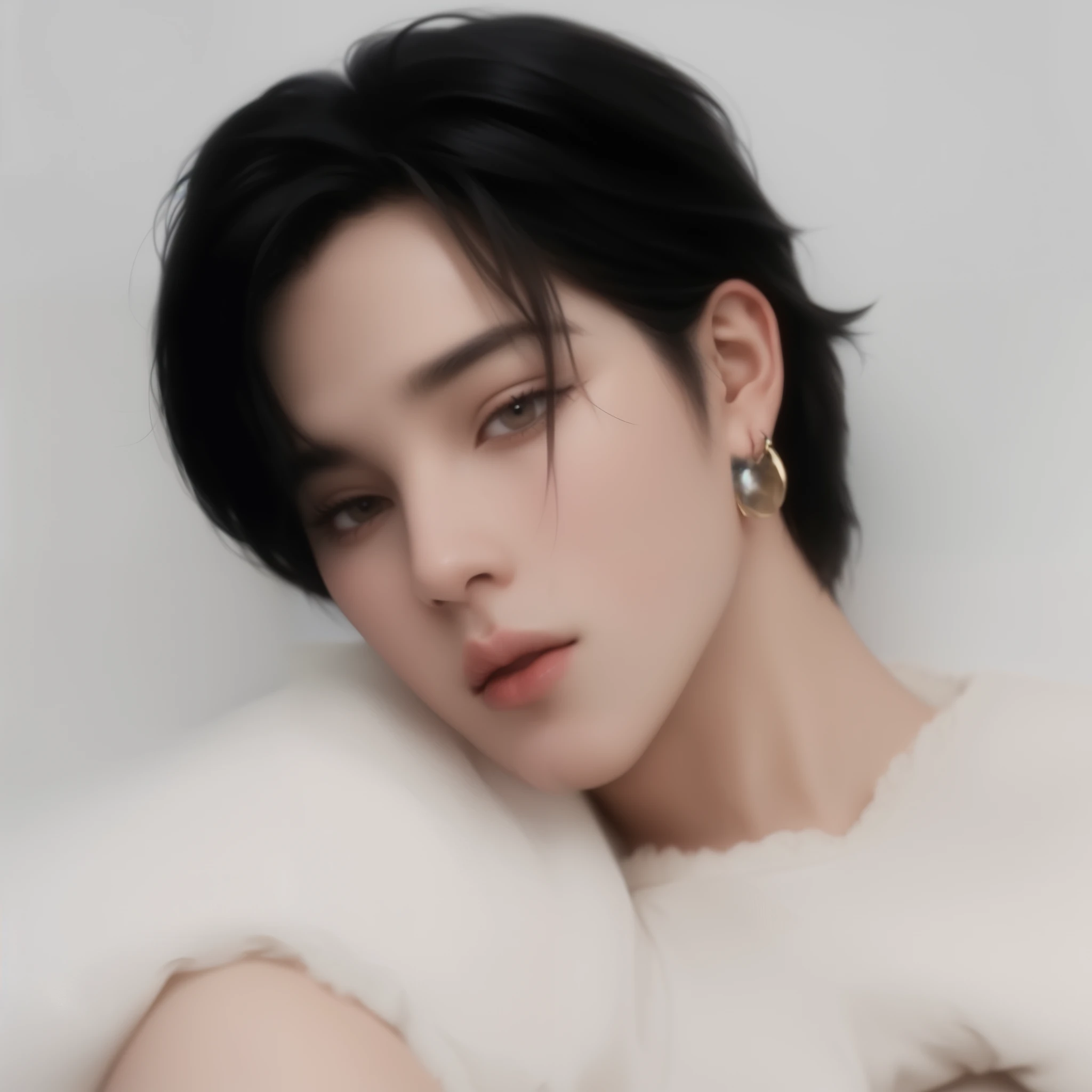 um close de uma pessoa deitada em uma cama com um cobertor branco, Jimin\the full lips, park Jimin, Jimin, Jimin\o nariz grego, Jimin\the right eyelid is swollen, delicate androgynous prince, handsome androgynous prince, cai xukun, Jung Jaehyun, Jinyoung Shin, hyung tae, accurate Jimin face, jia, que bts, Park Jimin, Jimin, kpop boy, korean male face