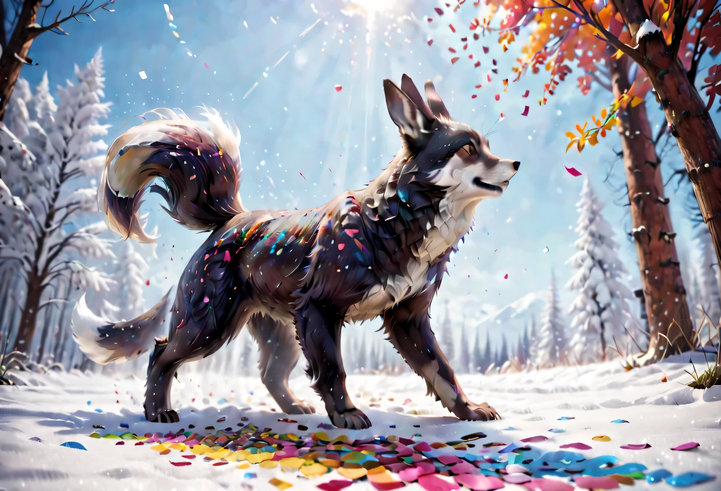 Colorful confetti falls from the sky, it looks like beautiful colored snow, A breathtaking sight, From these confetti silhouettes of various animals are formed - a hare, fox, bear and wolf, high detail, a high resolution, high contrast