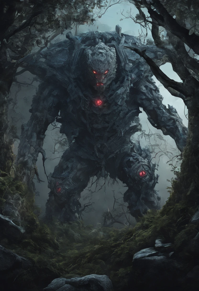 Stone monster, Ruby Eyes,lumpy arms,Stone Texture, blue core on chest,  crack,Plants grow,Dark and moody colors, High resolution artwork, Photorealistic style