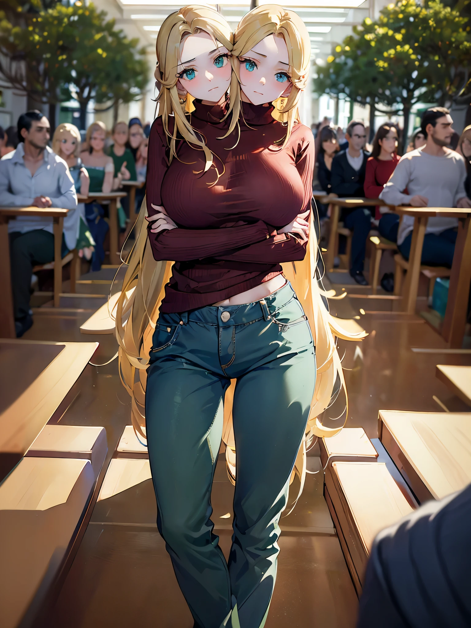 (masterpiece, best quality), best resolution, (2heads:1.5), 1girl, impatient, irritated, blond hair, green eyes, red sweater, blue long pants, arms crossed, waiting in line at the DMV