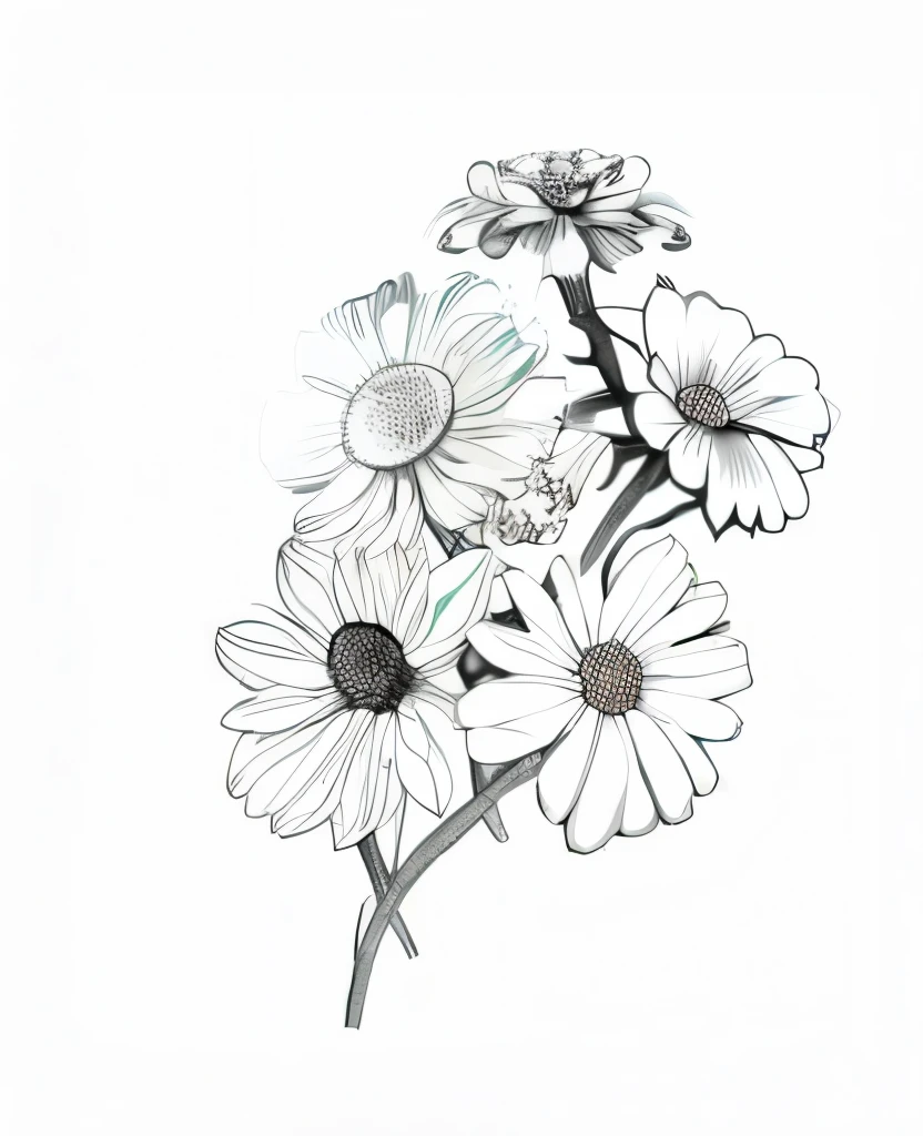 3 small daisies front view,large leaves,No stems,winding vines,black and white painting,Hand-drawn drafts