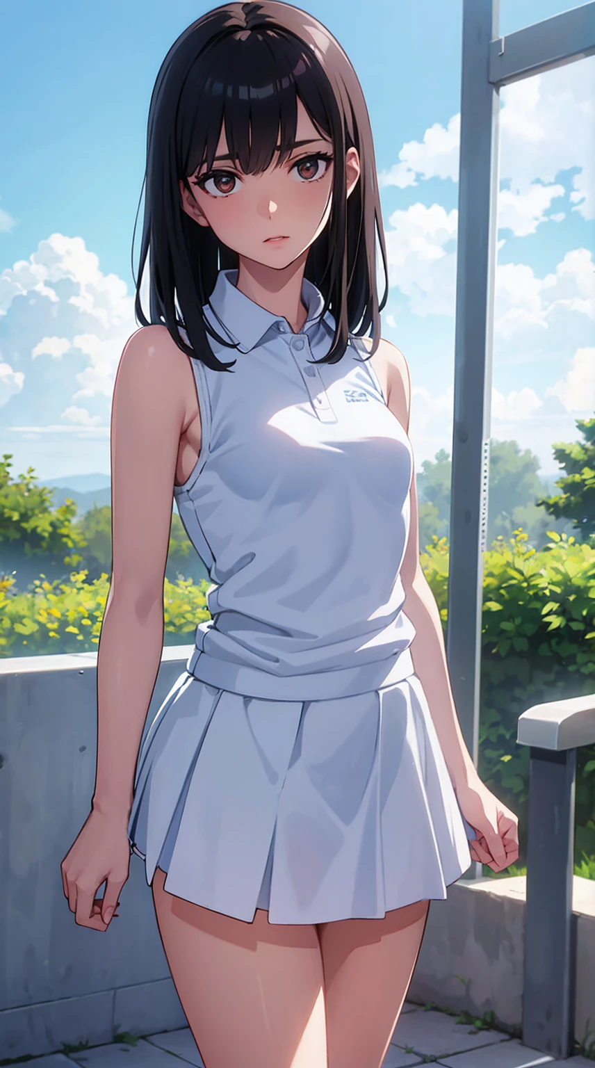 1girl, solo, white polo shirt, white sneakers, (tennis wear), white miniskirt, masterpiece, best quality, realistic, hyper-detailed, shiny skin, absurd, looking at viewer, short black hair, brown eyes, slender, dynamic lighting, high resolution, sharp focus, depth of field, detailed eyes, sharp pupils, realistic pupils, (small breasts:1.6), (thick thighs:1.0), outdoor, sky