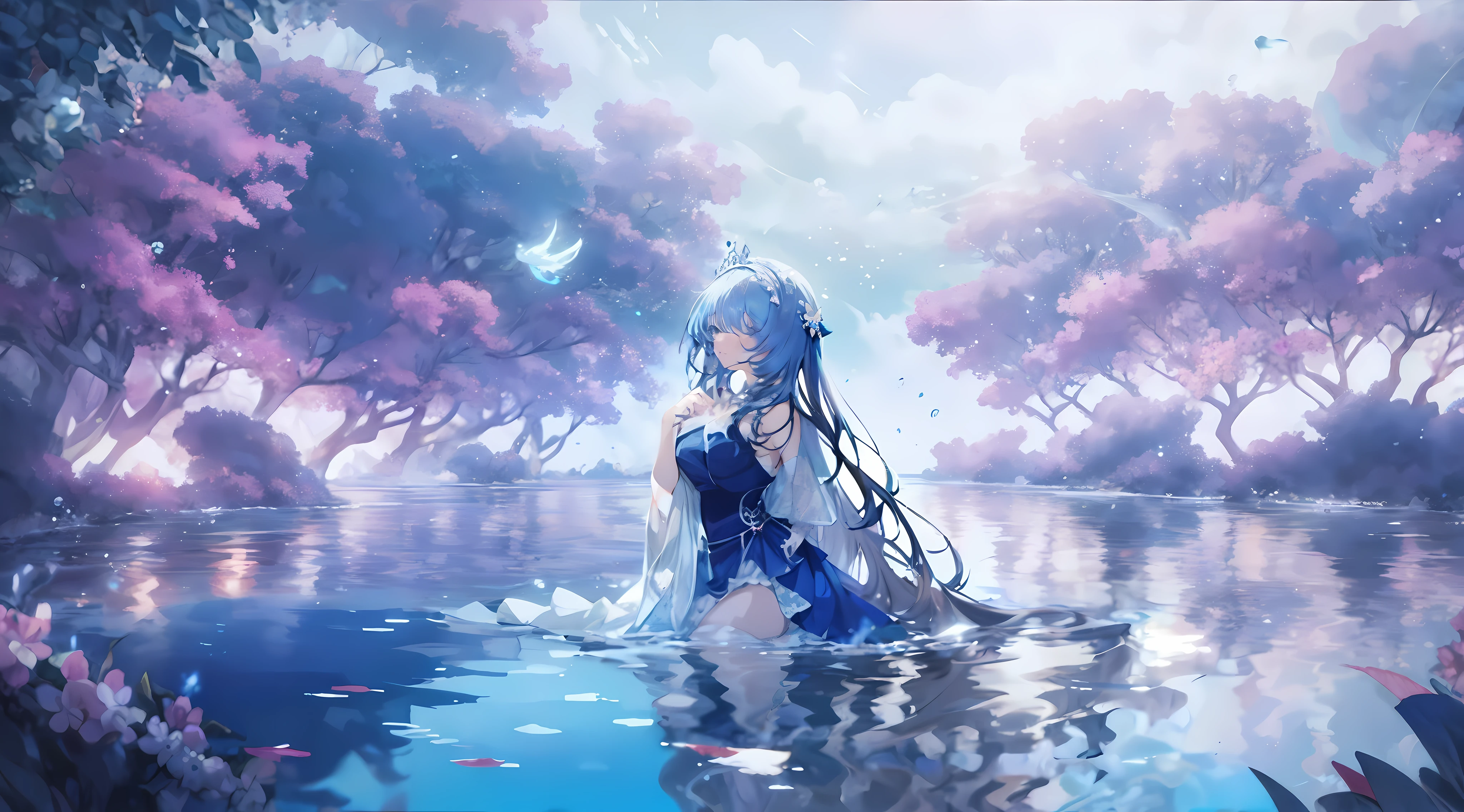 (2 anime girls in blue dresses kissing underwater), wallpaper anime blue water, Beautiful fantasy anime, Close-up fantasy of water magic, high definition anime art, Beautiful anime artwork, A beautiful artistic illustration, Beautiful anime art, anime fantasy artwork, HD anime wallpaper, ultra HD anime wallpaper, anime art wallpaper 4k, anime art wallpaper 4k, HD anime wallpaper