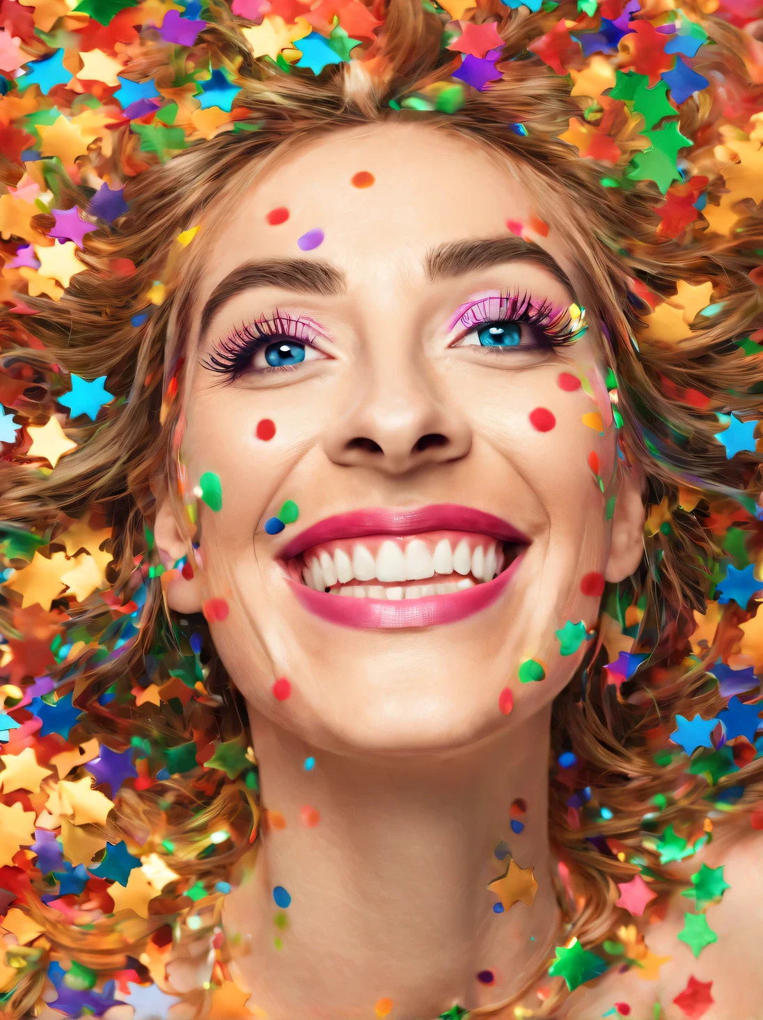 (colorful confetti:1.7), Rainbow Girl, Happy, perfect face, symmetrical eyes, rainbow colors, mascara, (Multicolored confetti:1.7), (many colorful confetti:1.7), free drawing style, complex parts, cinematic lighting, octane number, 8k surround lighting, Realistic, Resolution 8K, by Alberto Seveso, The art of colorful confetti