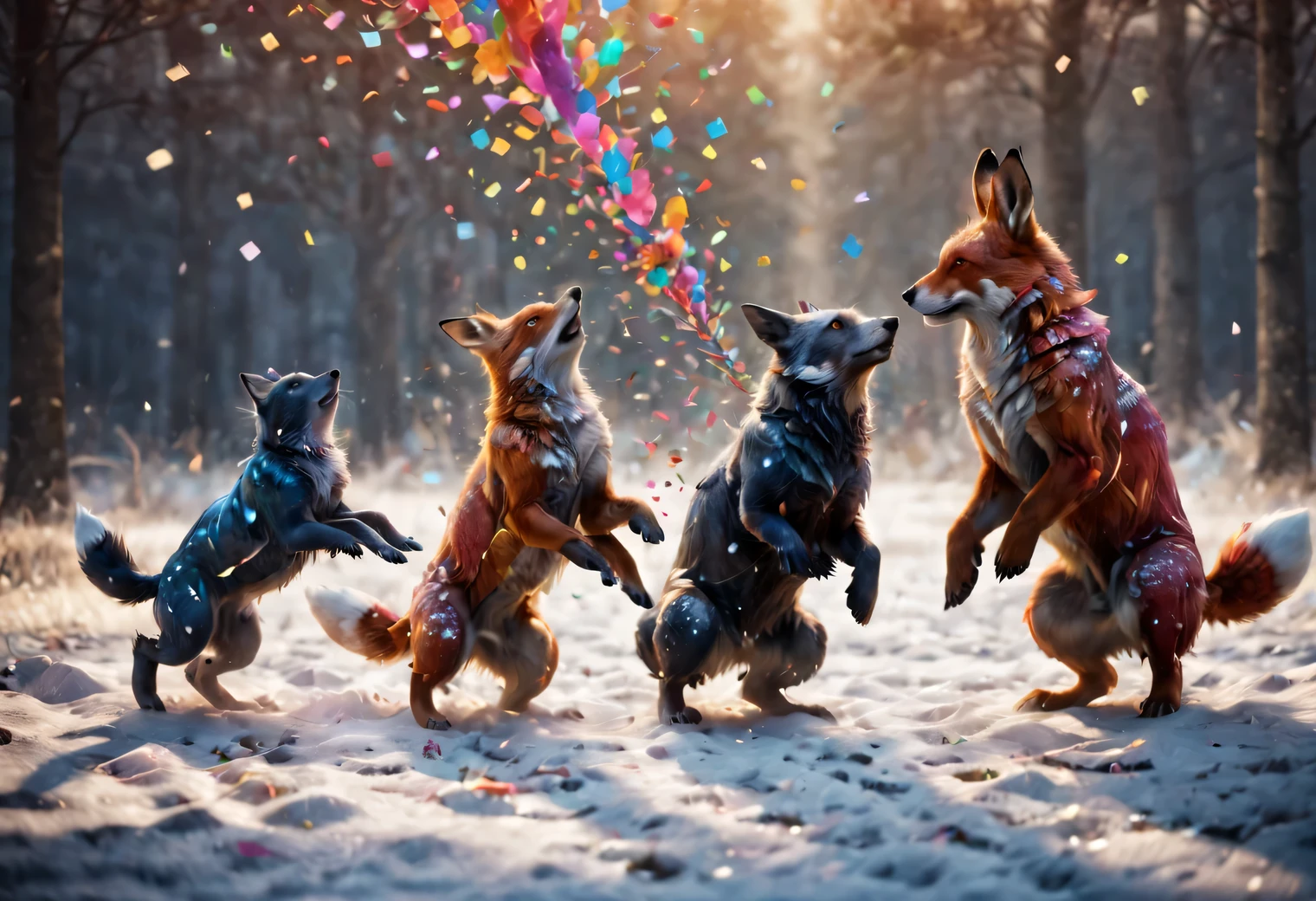 Colorful confetti falls from the sky, it looks like beautiful colored snow, A breathtaking sight, From these confetti silhouettes of various animals are formed - a hare, fox, bear and wolf, high detail, a high resolution, high contrast