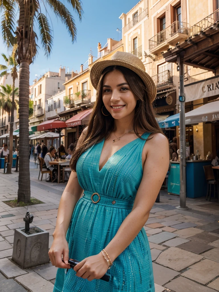 (best quality,highres,ultra-detailed:1.2), HDR, vivid colors, beautiful girl, Barcelona square, lively atmosphere, charming architecture, colorful flowers, happy people, stunning view, cozy cafe, outdoor dining, sunny weather, elegant dress, stylish hat, joyful expression, long flowing hair, vibrant street performers, bustling crowd, street musicians, mouthwatering food stands, historical landmarks, mosaic pavement, decorative fountains, palm trees, blue sky, warm sunshine, laughter and laughter, carefree moments