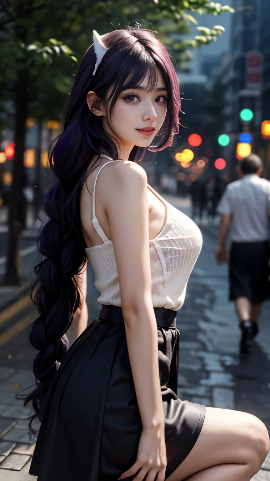 （8k，raw photos，best quality，master control：1.4），ultra high resolution，（reality，照片reality感：1.48），omertosa，1girl，（Kpop idol），（Sajiaosal：1），cute，Smile，（超级Bokeh之夜市中心：1.25)、Bokeh、night、traffic light、road signs、rain、rain后、humidity、professional lighting、detailed lighting、photon mapping、Radiosity、Physically based rendering、black绽放、backlight、depth of field、Natural light、hard focus, film grain, One meter shooting distance, Professional photography, photographed with a Sony a9 II Mirrorless Camera, Detailed eyes, Realistic purple eyes, Detailed shadows, looking at the audience, dog ears, Detailed lighting, skirt, 黑skirt, long legs, black，（Detailed hair，purple hair，Purple hair big breasts，thick braid，reality的头发，reality的灯光，reality的阴影，reality的衣服），reality的皮肤，（Gun on the waist：1），从上面reality的光反射，（（behind arm）），（Hand）