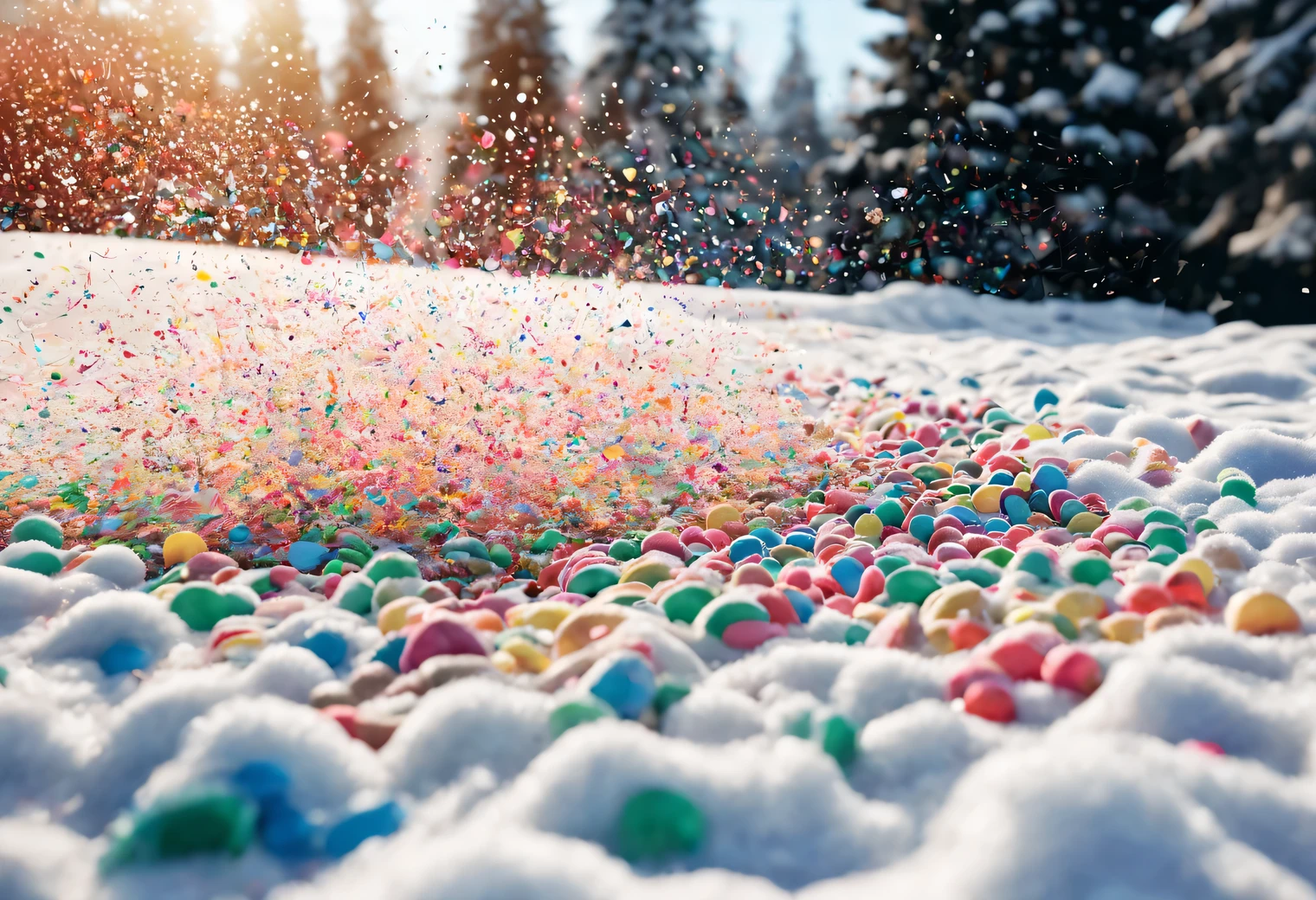 colorful confetti falling from the sky, like colorful beautiful snow, A breathtaking sight, colorful snow, colored snowfall, trees covered with confetti, snowdrifts of confetti, high detail, a high resolution, high contrast, realistic photography