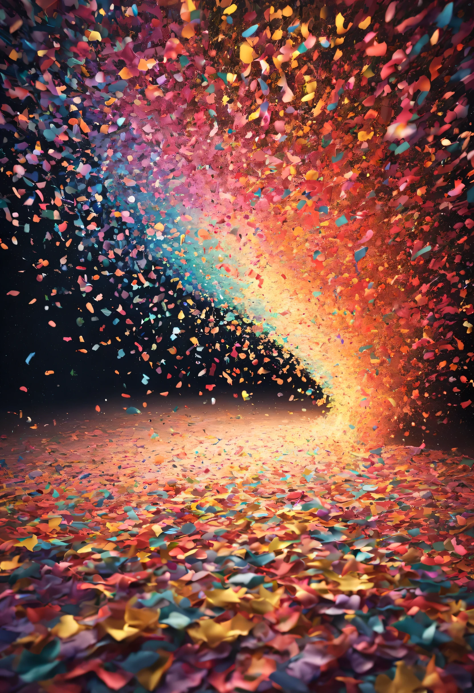 Vibrant confetti, Fluttering in the air, night sky background, A festive dance, The spinning paper captures the light of the stars, Celebration under the sky, festive atmosphere, Confetti like a rainbow waterfall, sparkling on the dark canvas of night, Brilliant colors express endless joy, A colorful spectacle, The paper sparkles in the moonlight, (best quality,4K,8k,high resolution,masterpiece:1.2), Super detailed, (actual, photoactual, photo-actual:1.37), joyful celebration, Starlight Festival, A lively confetti storm, festive night air, Dynamic movement, festive spiral, Spectacular display of color, bright spots on paper, sparkling lively night, midnight celebration, (Flicker effect:1.1), (Colored paper, glossy paper), (ethereal light:1.1), (bright colors:1.1), Magical Night Event