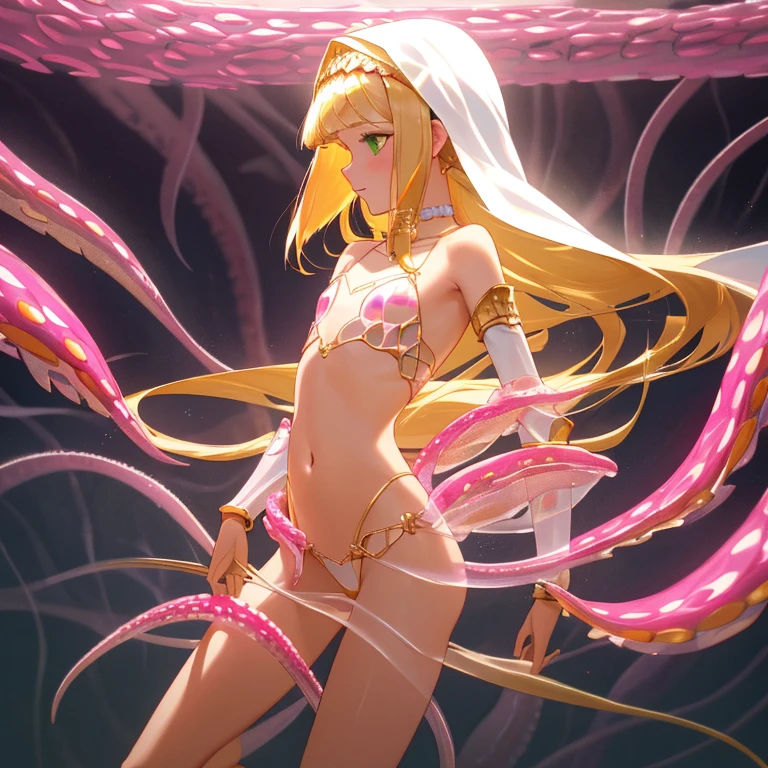 {{{{amazing quality, great quality, high quality, very aesthetic, aesthetic, best quality}}}},
realistic, photo, shadow, Three-dimensional, absurdres, Digital art,
{{{{Princess Knight}}}}, beautiful girl, one girl,
blonde hair, long straight hair, hair, trimmed hair, shiny hair, blunt bangs, short sideburns,
green eyes, tareme,
{{flat chest}}, {{small breasts}}, {{detailed body}}, slim thighs, thin thighs,
{transparent pink tentacles bikini armor}, {golden arm armor}, {golden leg armor},
{covered navel}, {visible chest}, {both shoulders expose},
heart brooch, heart-shaped choker on left arm, white headband, white circlet, white cloak, sword, Multiple transparent pink tentacles wraps around to the girl's chest, Multiple transparent pink tentacles wraps around the girl's crotch, A girl wear multiple transparent pink tentacles,