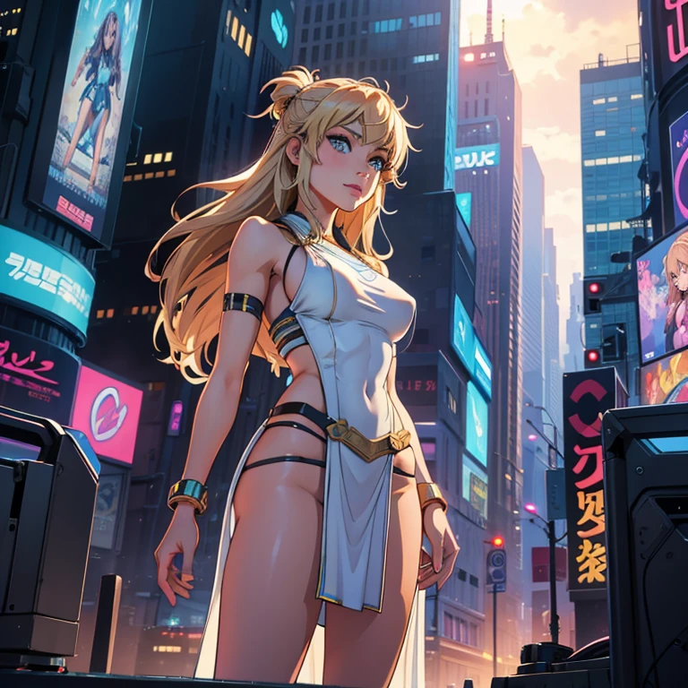  Olivia Wilde as a modern godess, with a transparent toga, showing us tits,  in a futuristic city, ultra- realistic, illustration hi quality, anime style, full HD