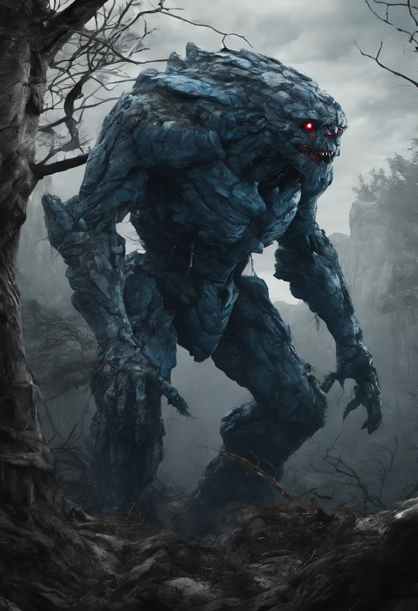 Stone monster, Ruby Eyes,lumpy arms,Stone Texture, blue core on chest, crack,Plants grow,swallowed by a tree,Dark and moody colors, High resolution artwork, Photorealistic style